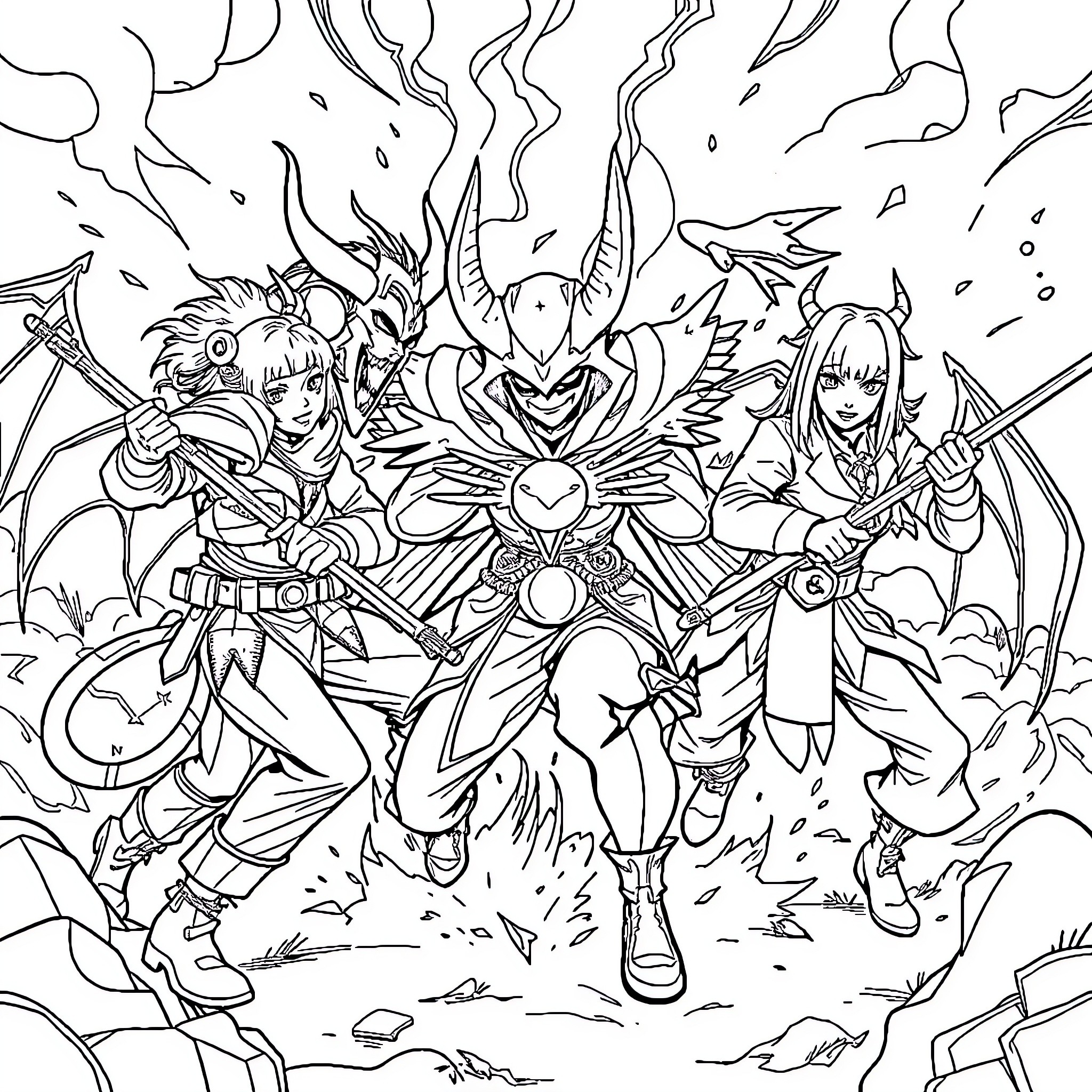 Demon Hunter Warriors in Action-Packed Scene Coloring Page (free black-and-white line drawing printable PDF for all, from beginners to advanced learners, including children, teens, adults, and seniors)