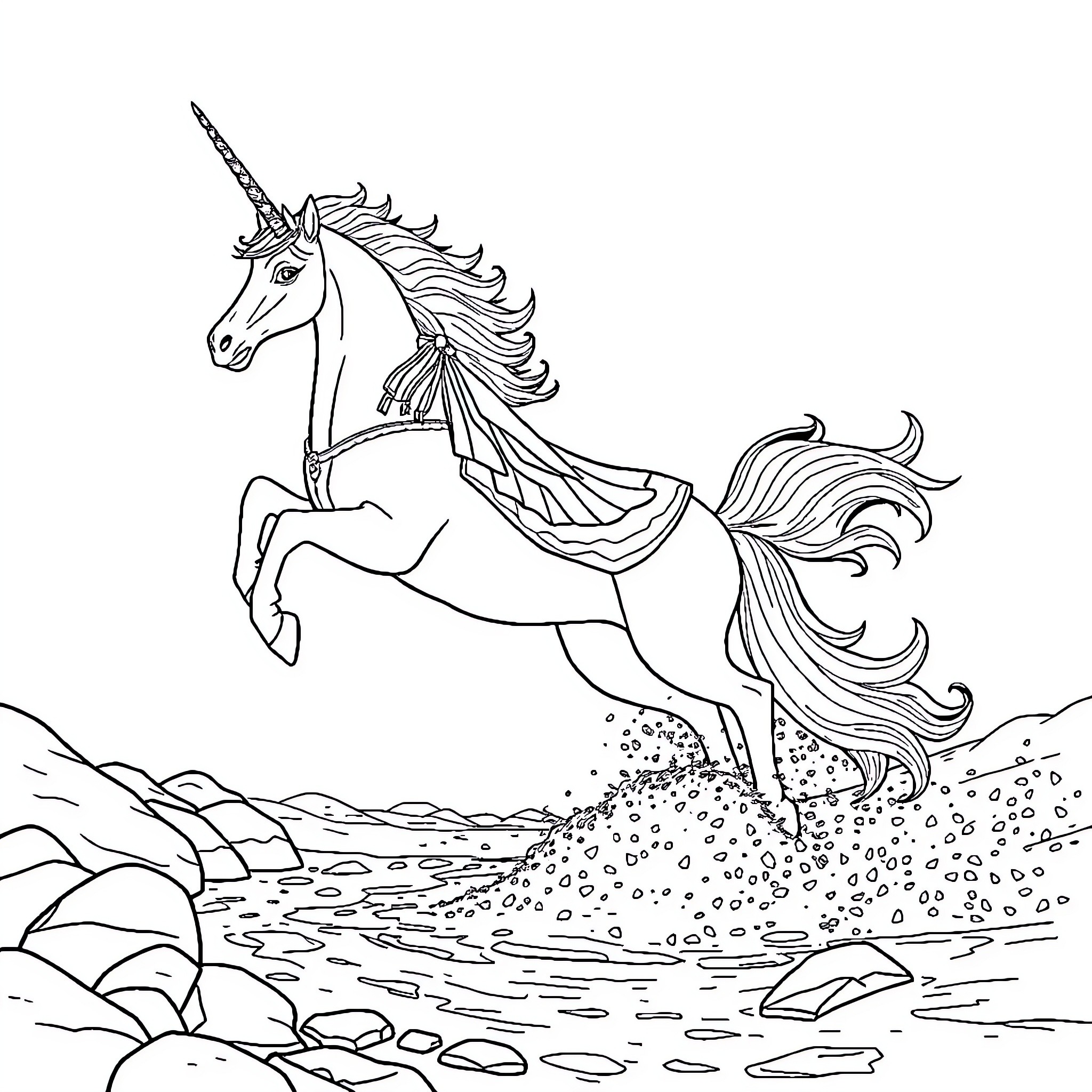 Snow Queen's Majestic Unicorn Galloping Through Enchanted Landscape Coloring Page (free black-and-white line drawing printable PDF for all, from beginners to advanced learners, including children, teens, adults, and seniors)