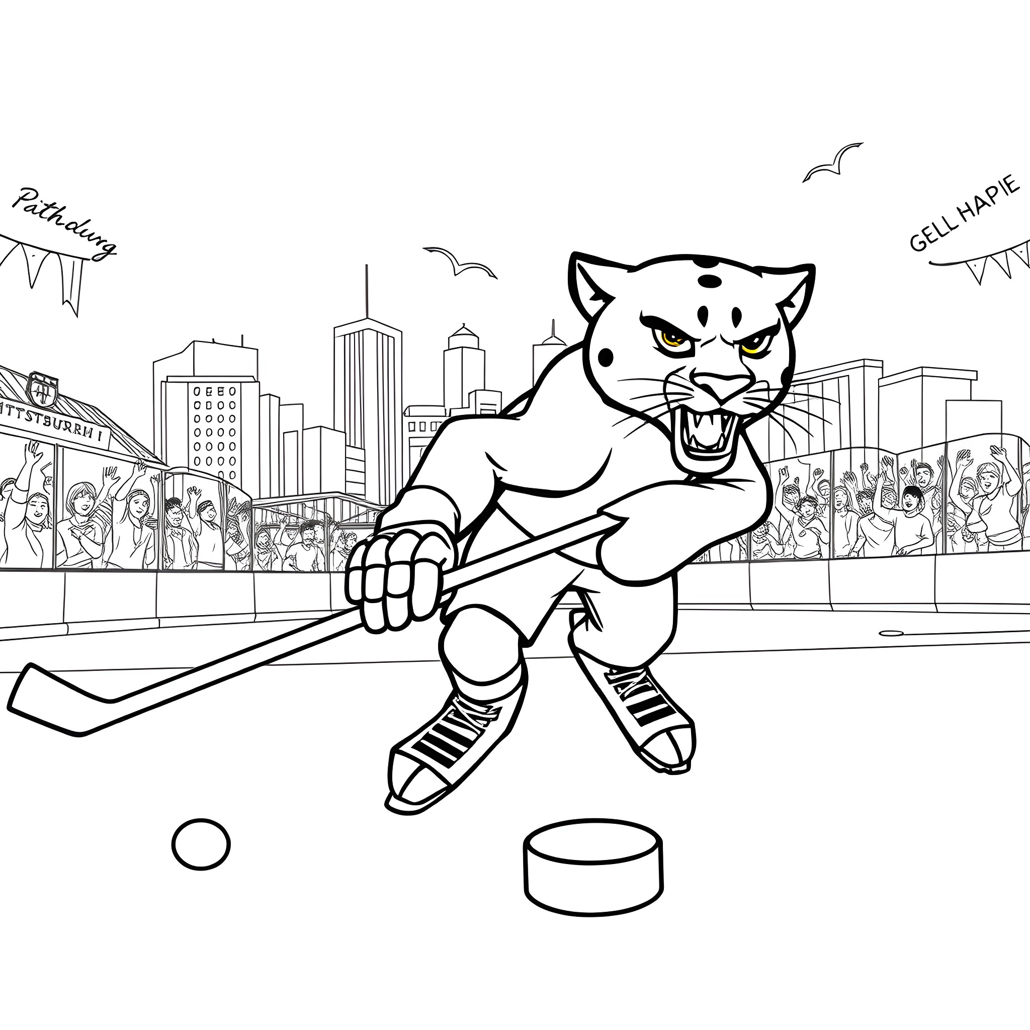 Panther playing hockey in the city Coloring Page (free black-and-white line drawing printable PDF for all, from beginners to advanced learners, including children, teens, adults, and seniors)
