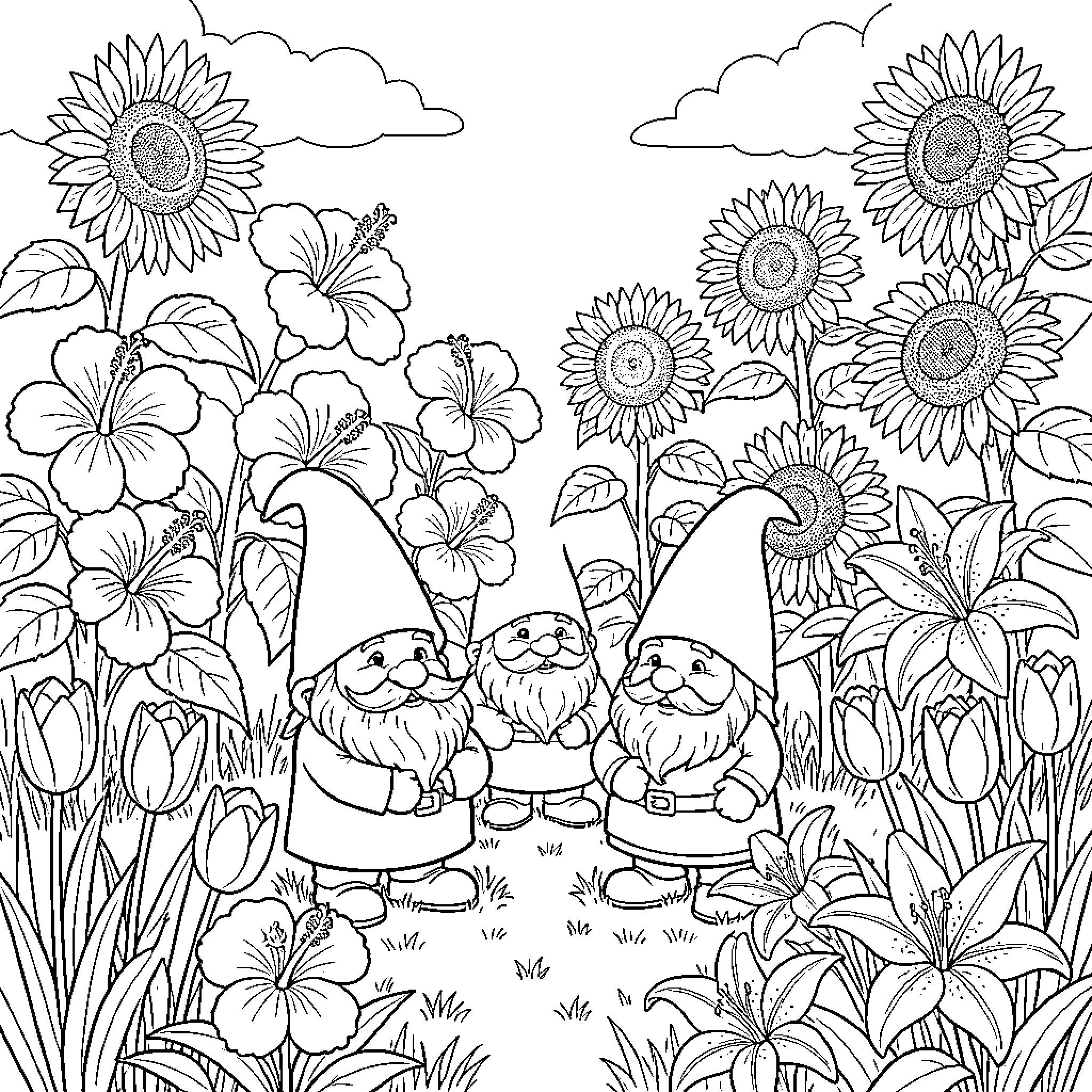 Gnome companions in a vibrant garden Coloring Page (free black-and-white line drawing printable PDF for all, from beginners to advanced learners, including children, teens, adults, and seniors)