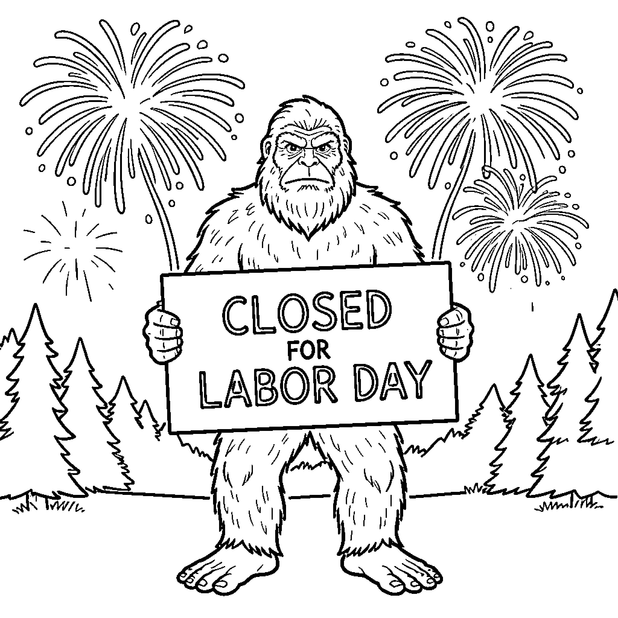 Bigfoot holding a closed sign with fireworks behind him Coloring Page (free black-and-white line drawing printable PDF for all, from beginners to advanced learners, including children, teens, adults, and seniors)
