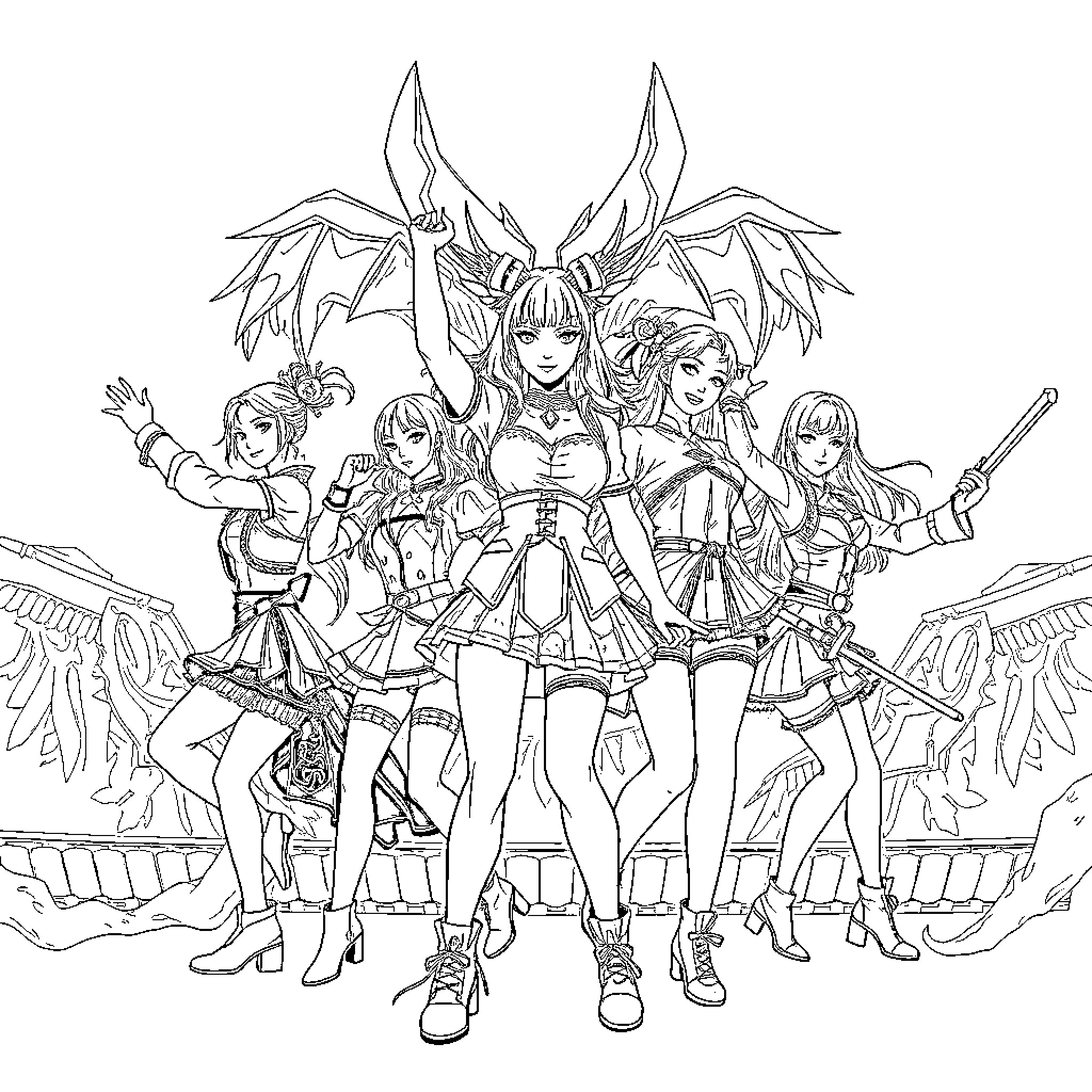 Female Characters in Fantastical Outfits and Poses Coloring Page (free black-and-white line drawing printable PDF for all, from beginners to advanced learners, including children, teens, adults, and seniors)