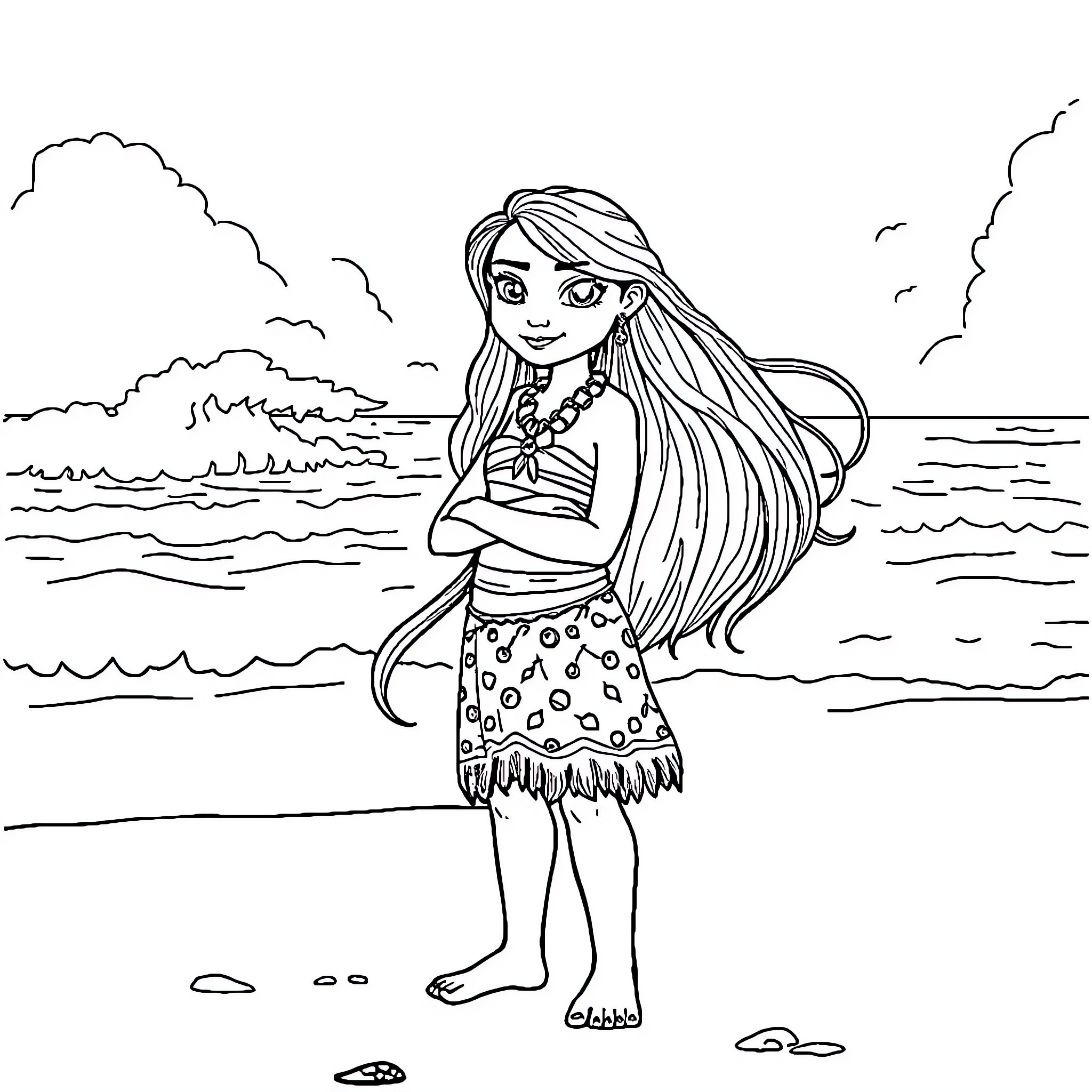 Moana standing on the beach with the ocean behind her Coloring Page (free black-and-white line drawing printable PDF for all, from beginners to advanced learners, including children, teens, adults, and seniors)