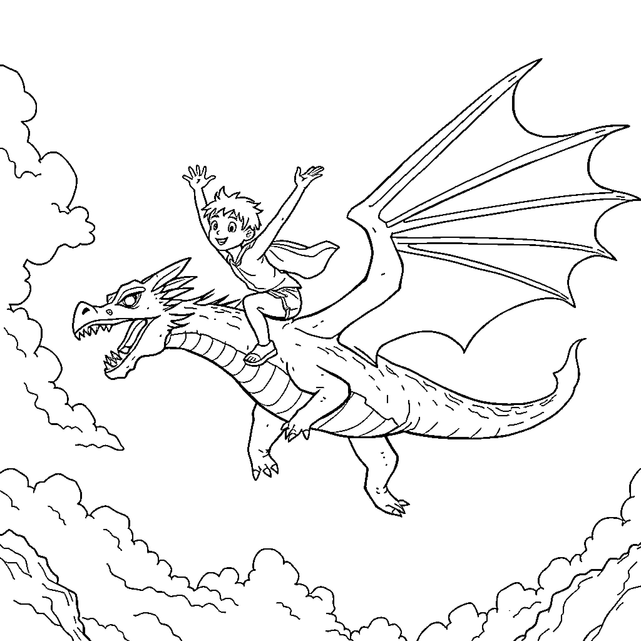 Boy riding a dragon in the sky Coloring Page (free black-and-white line drawing printable PDF for all, from beginners to advanced learners, including children, teens, adults, and seniors)