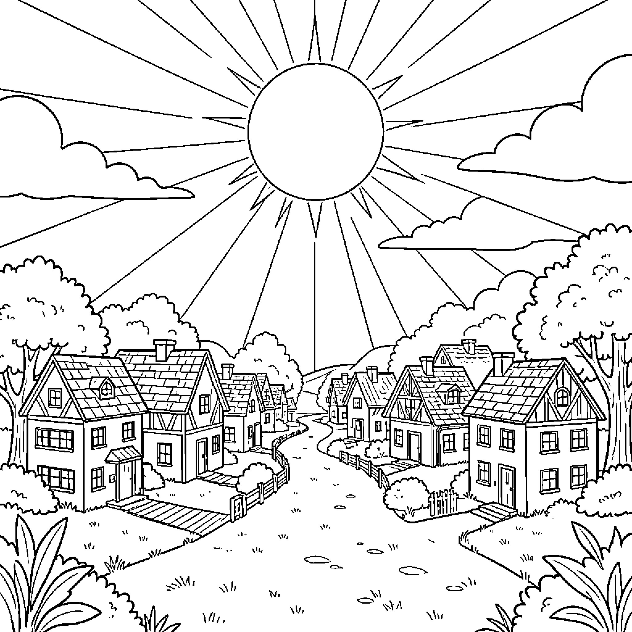 Sol Incubus: Idyllic Village Landscape Coloring Page (free black-and-white line drawing printable PDF for all, from beginners to advanced learners, including children, teens, adults, and seniors)
