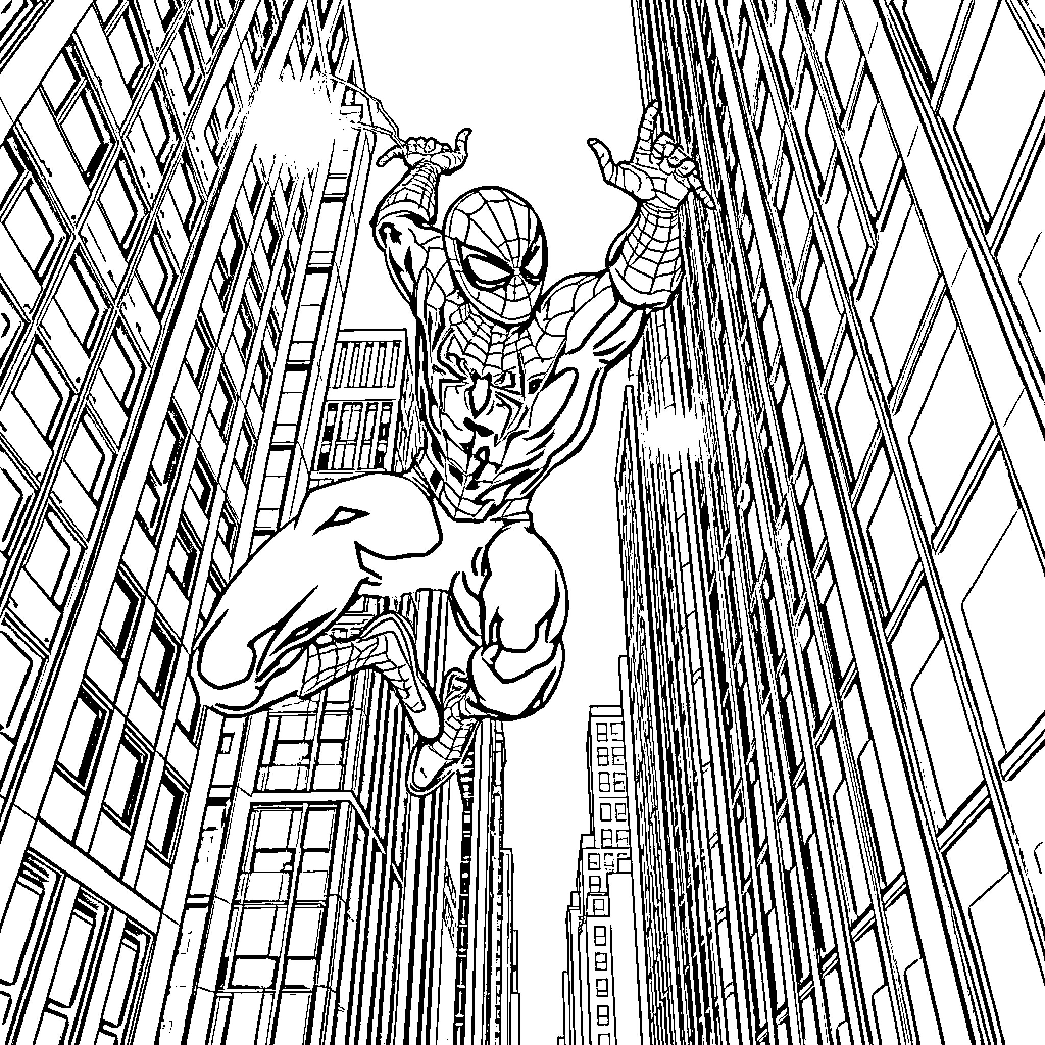 Spider-Man swinging through city skyscrapers Coloring Page (free black-and-white line drawing printable PDF for all, from beginners to advanced learners, including children, teens, adults, and seniors)