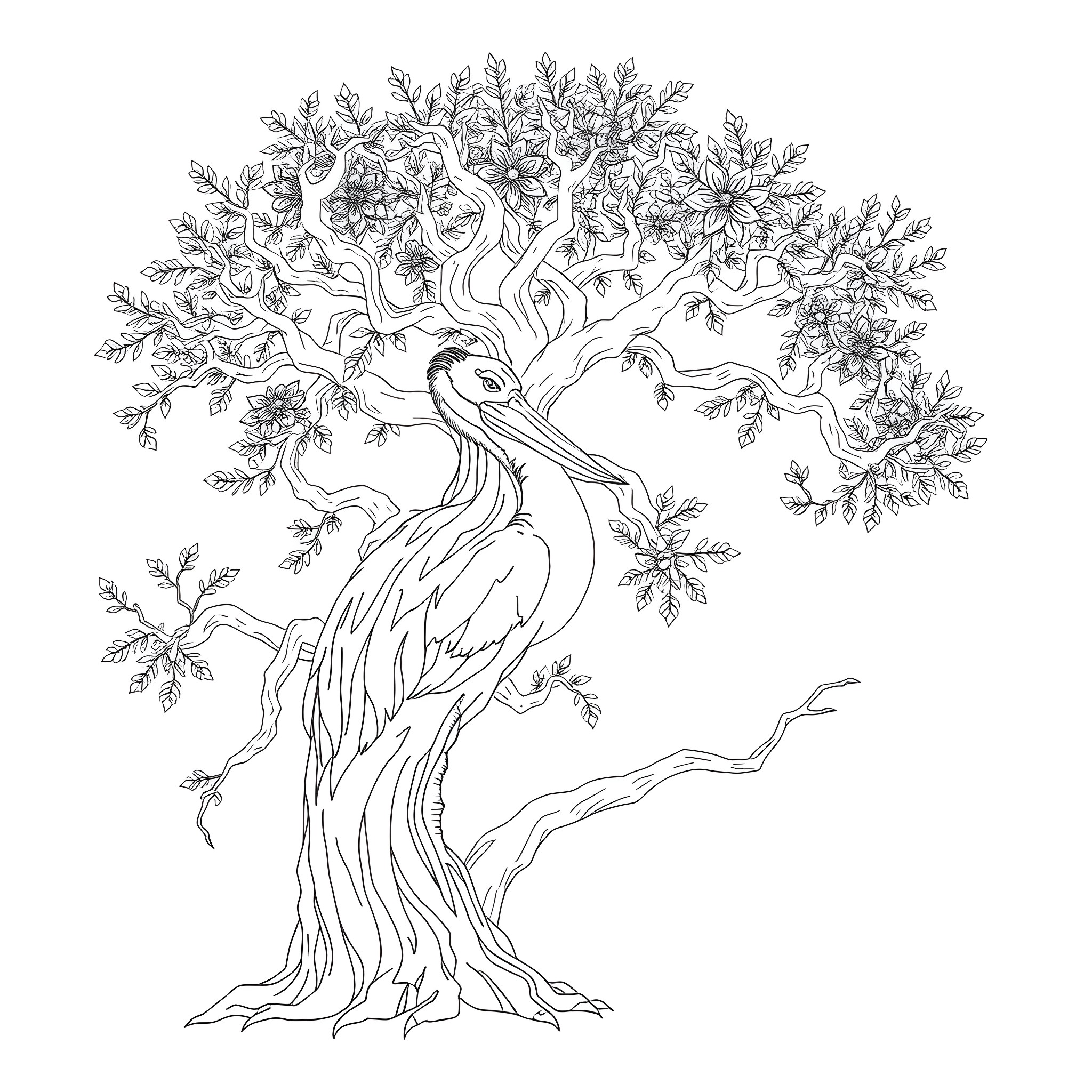 Eudocimus: Majestic Tree with Intricate Branches and Blooms Coloring Page (free black-and-white line drawing printable PDF for all, from beginners to advanced learners, including children, teens, adults, and seniors)