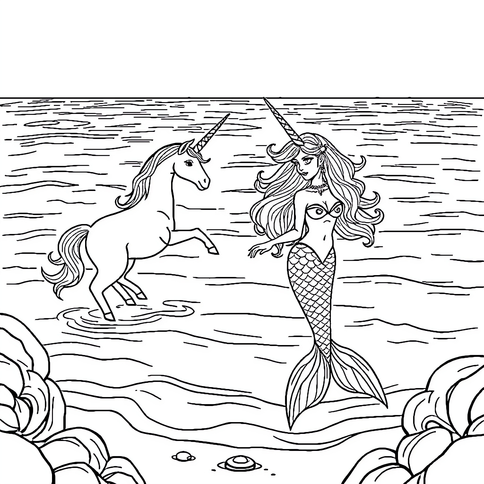 Mermaid Encounters Majestic Unicorn in Enchanting Seascape Coloring Page (free black-and-white line drawing printable PDF for all, from beginners to advanced learners, including children, teens, adults, and seniors)
