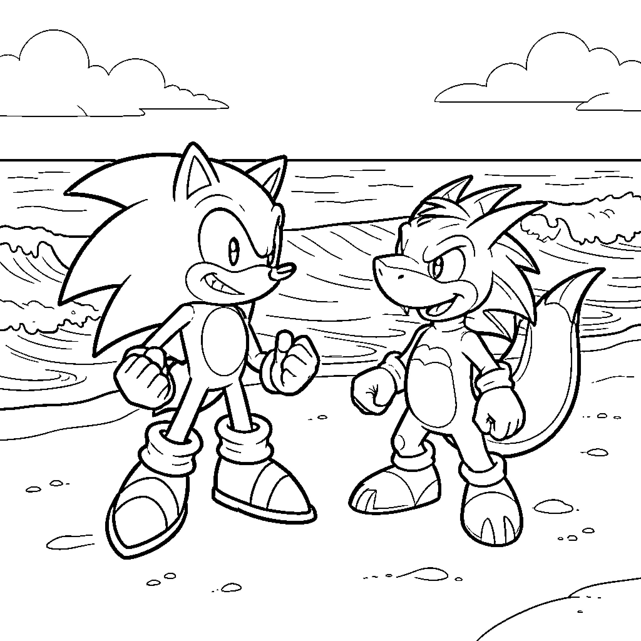 Sonic interacting playfully with a friend on the beach Coloring Page (free black-and-white line drawing printable PDF for all, from beginners to advanced learners, including children, teens, adults, and seniors)