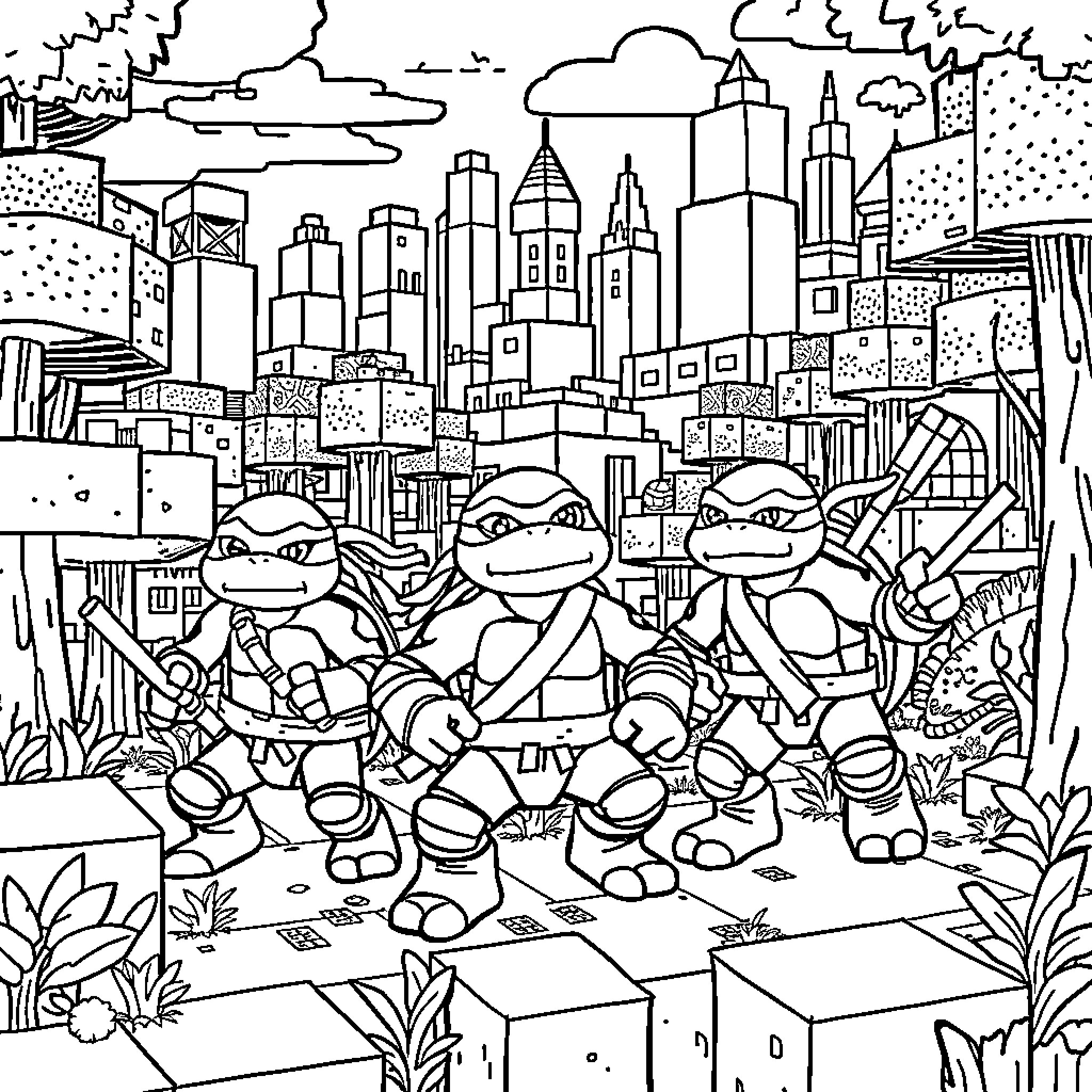 Teenage Mutant Ninja Turtles explore urban city landscape Coloring Page (free black-and-white line drawing printable PDF for all, from beginners to advanced learners, including children, teens, adults, and seniors)