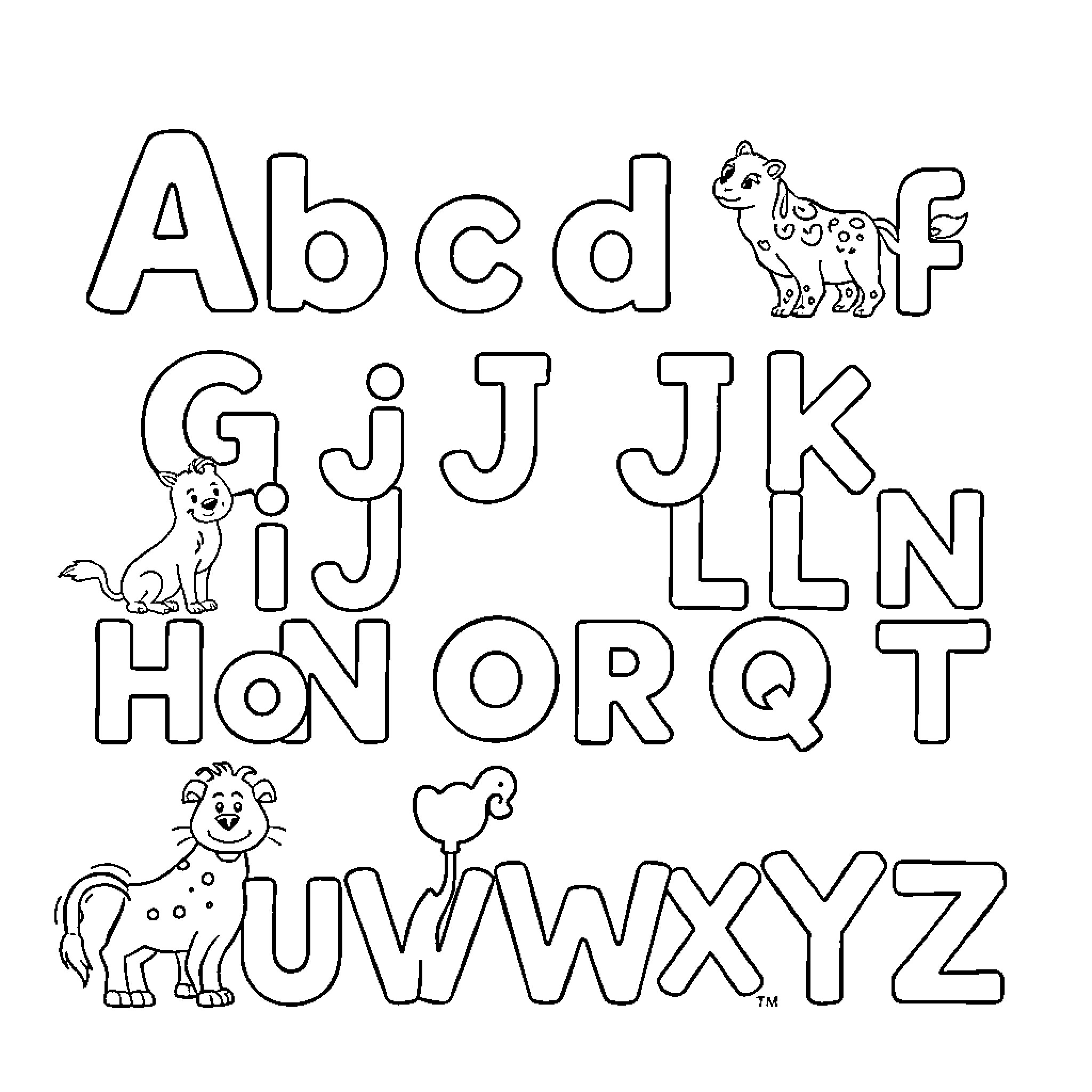 Animal Alphabet Letters and Cartoon Animals Coloring Page (free black-and-white line drawing printable PDF for all, from beginners to advanced learners, including children, teens, adults, and seniors)