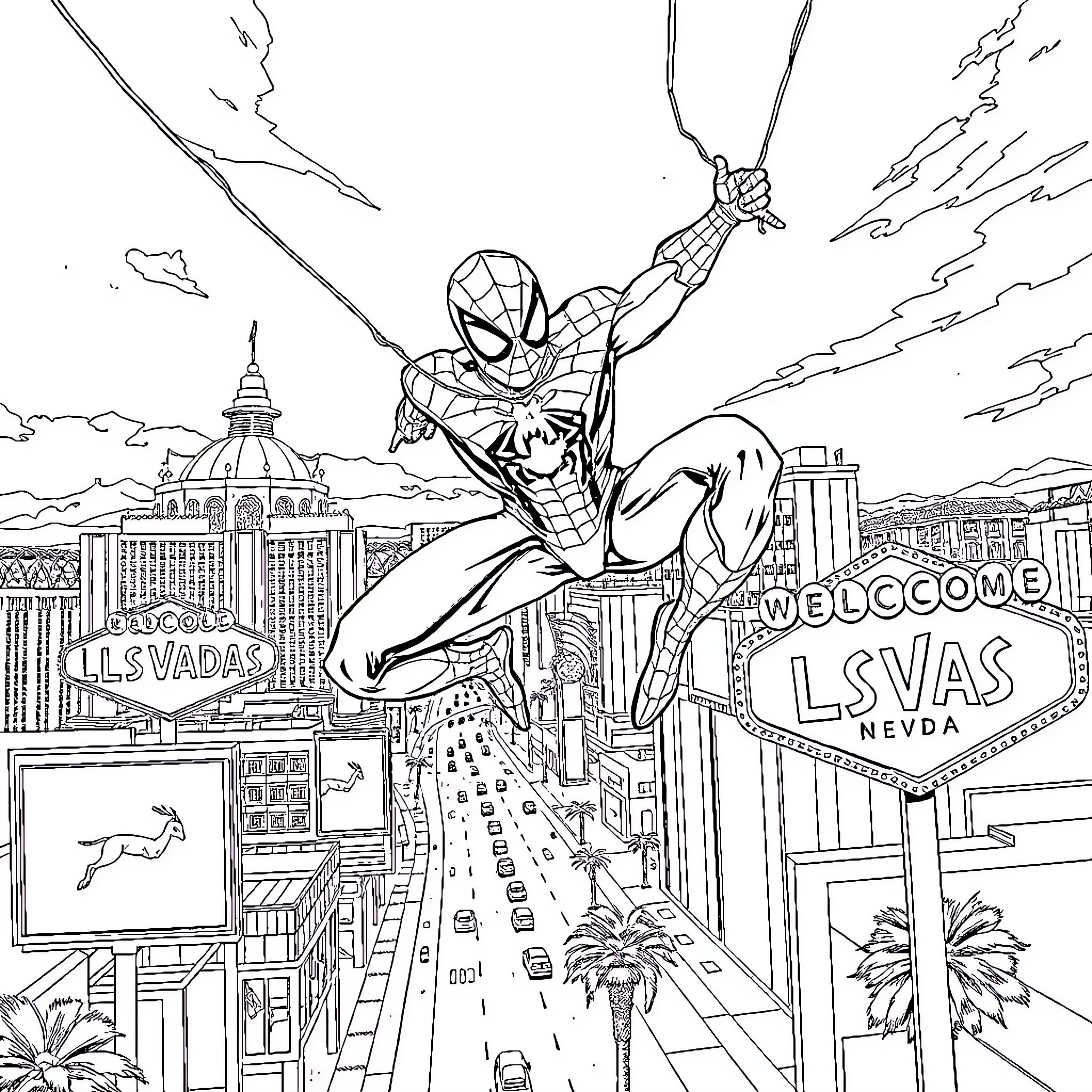 Spider-Man swinging through the cityscape Coloring Page (free black-and-white line drawing printable PDF for all, from beginners to advanced learners, including children, teens, adults, and seniors)