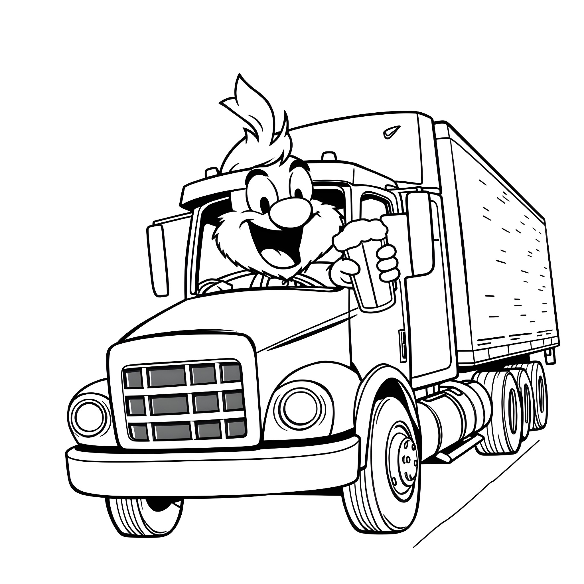 Snitch the Mischievous Trucker Coloring Page (free black-and-white line drawing printable PDF for all, from beginners to advanced learners, including children, teens, adults, and seniors)