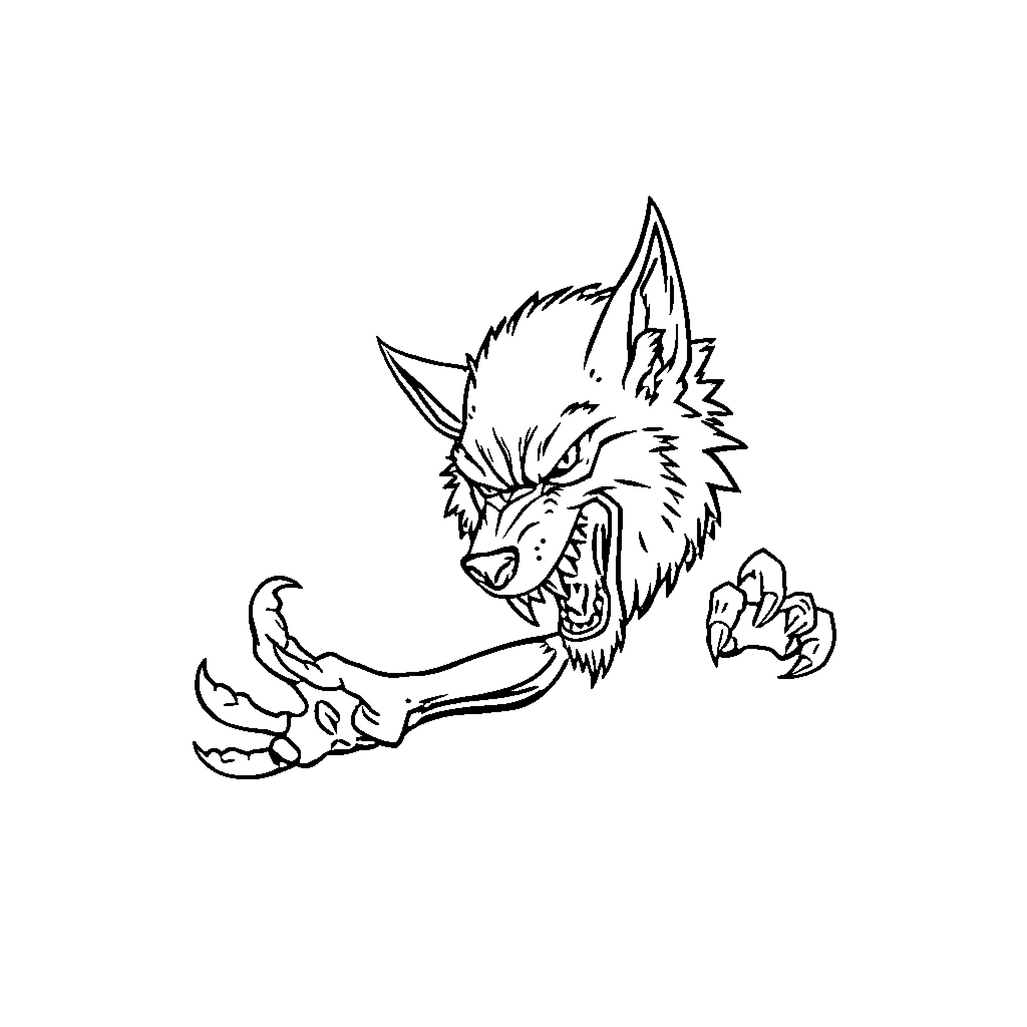 Werewolf snarling and clawing in attack pose Coloring Page (free black-and-white line drawing printable PDF for all, from beginners to advanced learners, including children, teens, adults, and seniors)