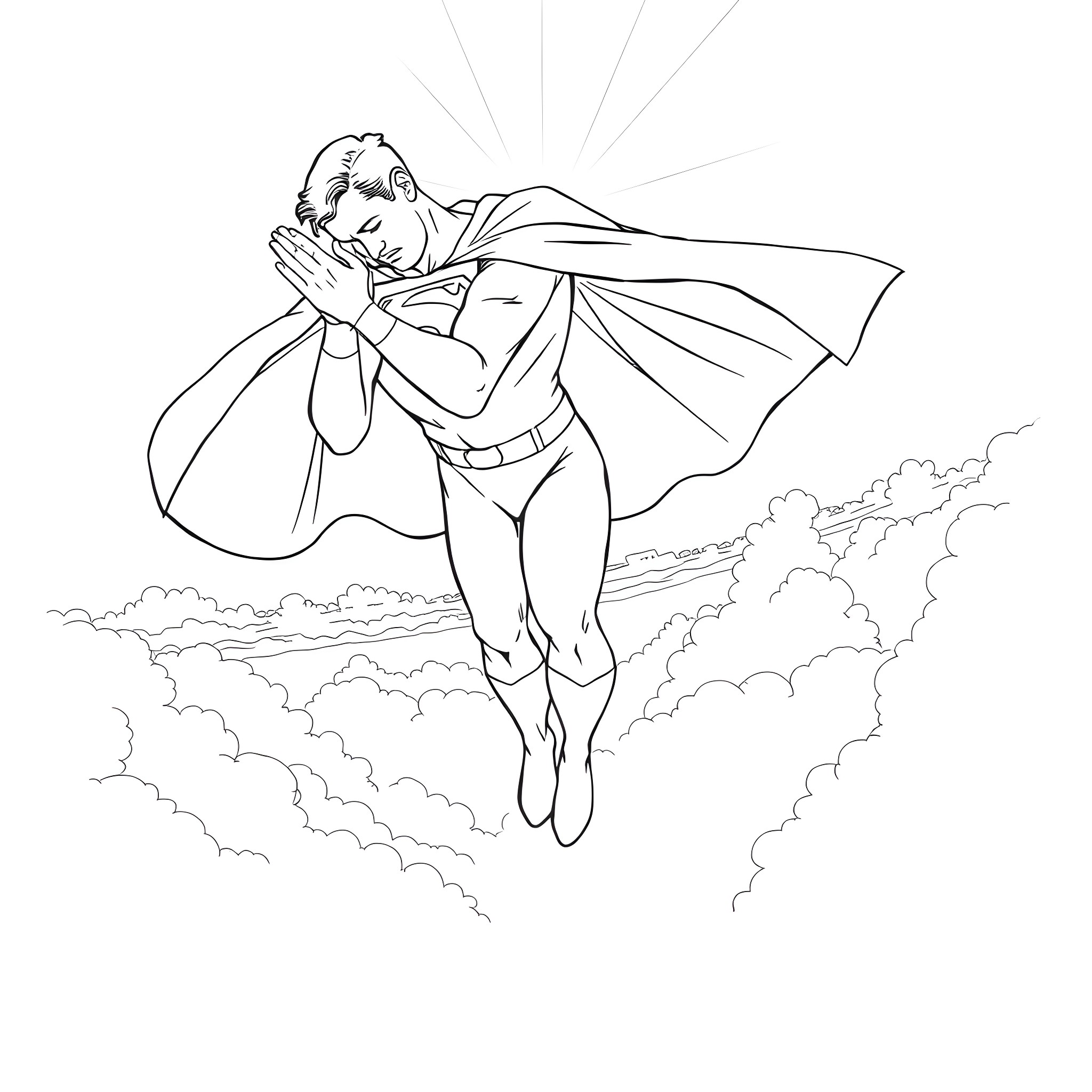 Superman soaring heroically through the sky Coloring Page (free black-and-white line drawing printable PDF for all, from beginners to advanced learners, including children, teens, adults, and seniors)