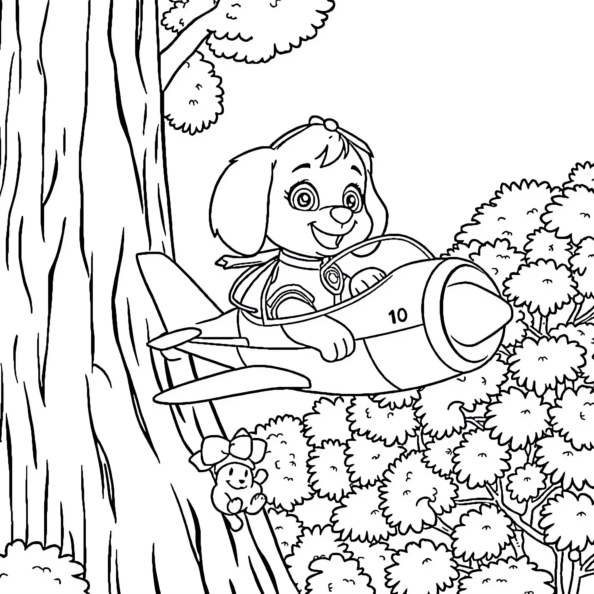 Stella's Playful Ride in the Forest Coloring Page (free black-and-white line drawing printable PDF for all, from beginners to advanced learners, including children, teens, adults, and seniors)