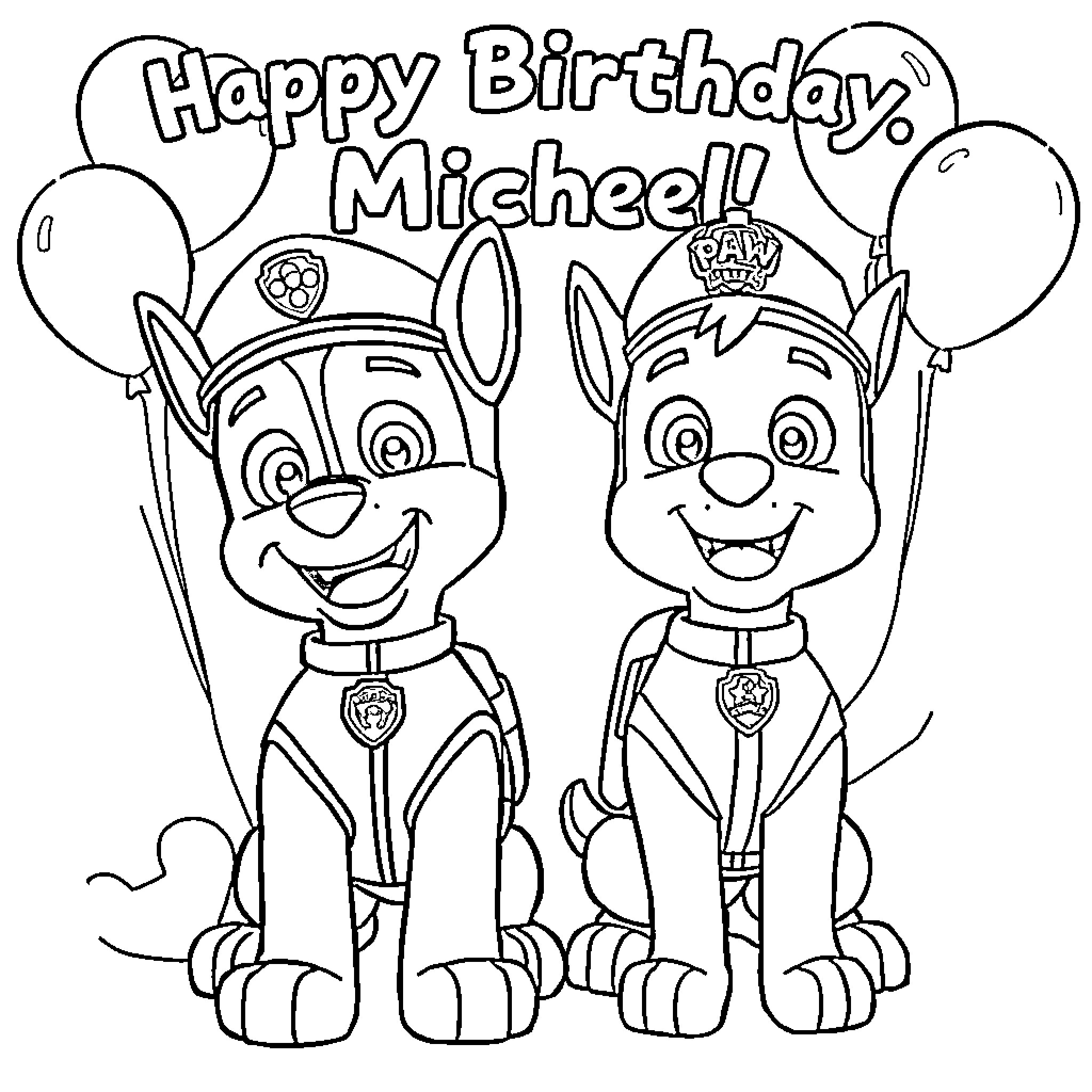 Paw Patrol pups celebrate birthday together Coloring Page (free black-and-white line drawing printable PDF for all, from beginners to advanced learners, including children, teens, adults, and seniors)