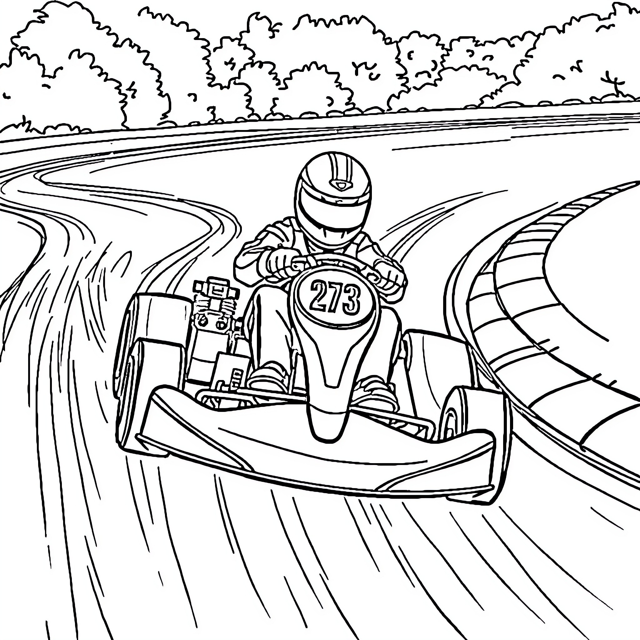 Go Kart Racing on Winding Track Coloring Page (free black-and-white line drawing printable PDF for all, from beginners to advanced learners, including children, teens, adults, and seniors)