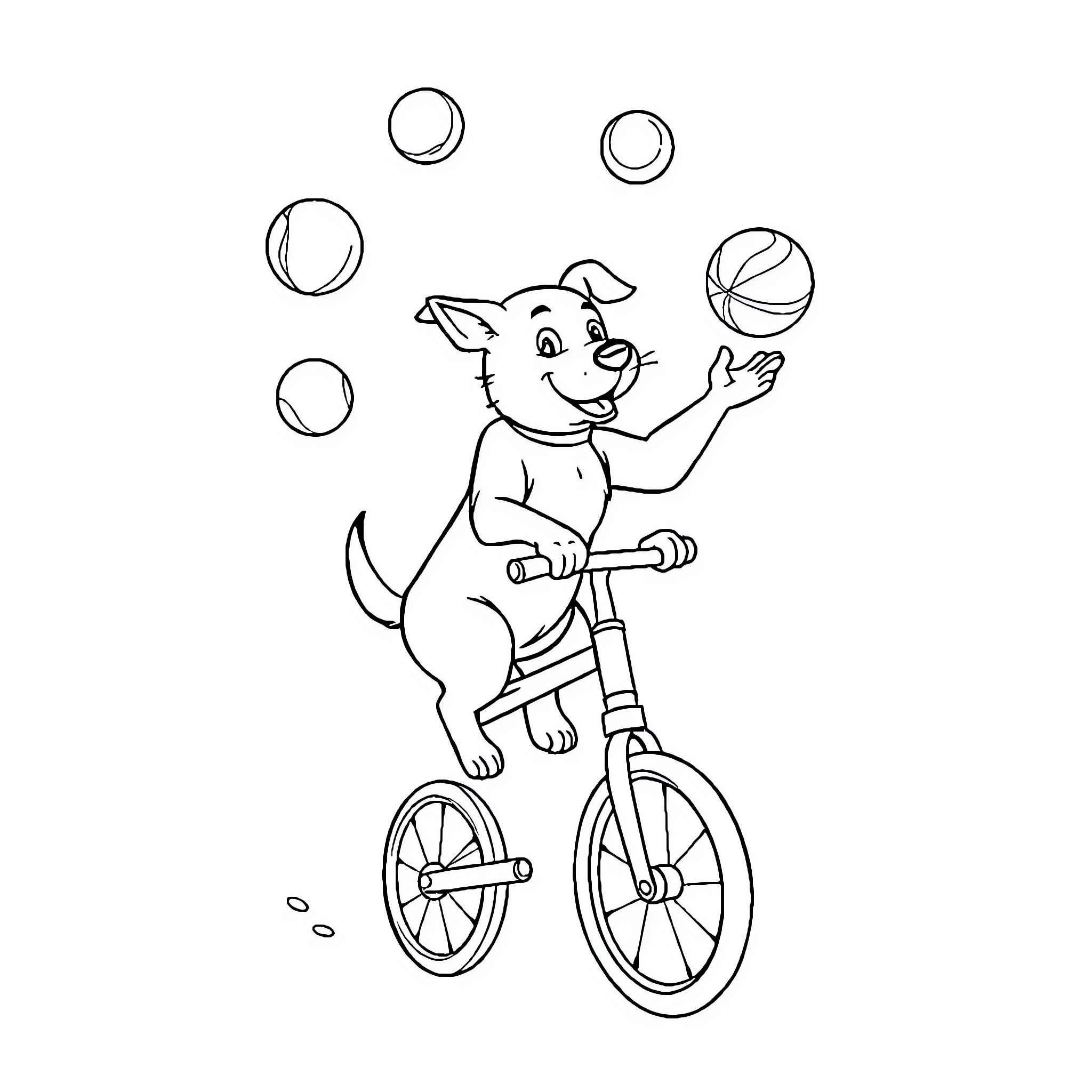 Dog juggling balls on a bicycle Coloring Page (free black-and-white line drawing printable PDF for all, from beginners to advanced learners, including children, teens, adults, and seniors)