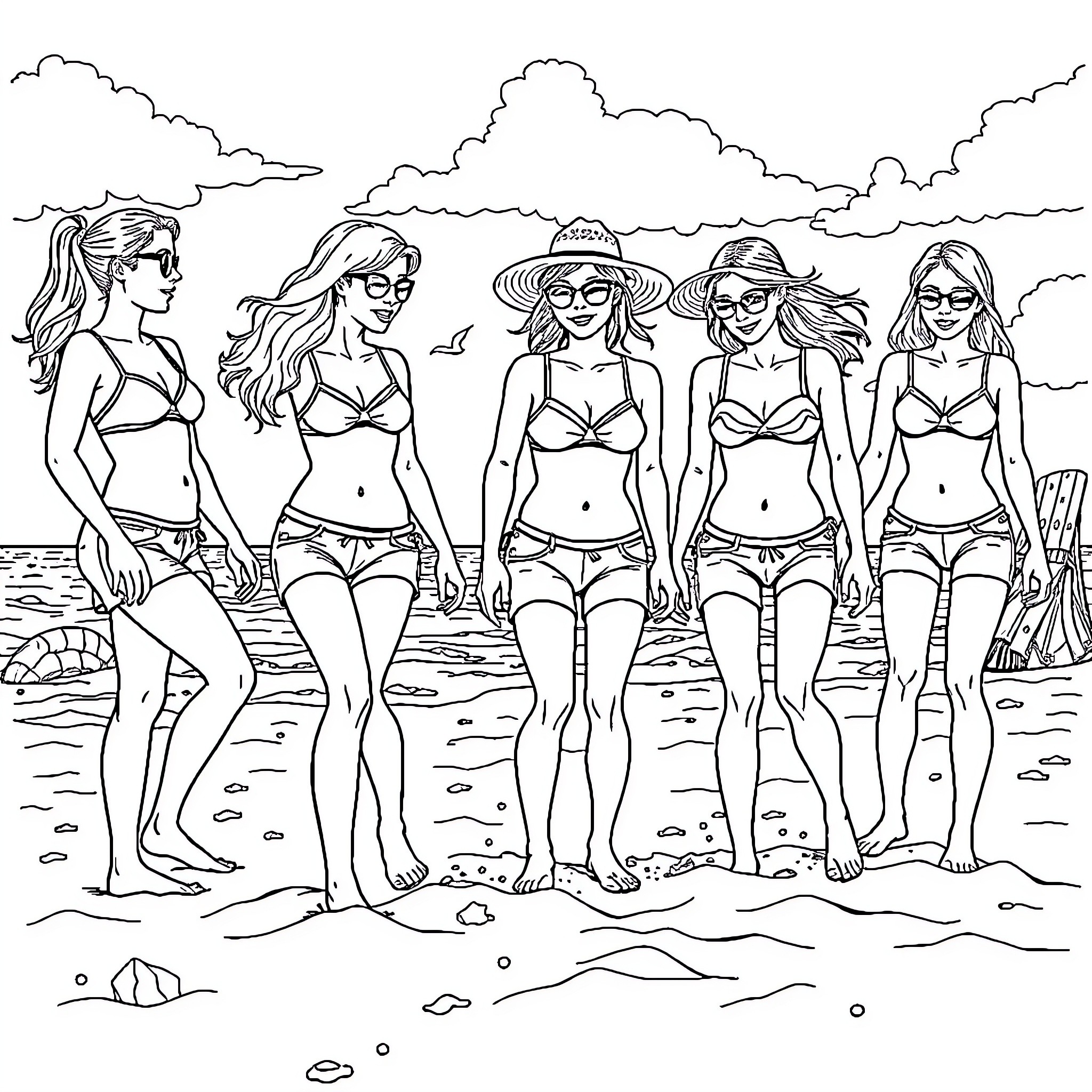 Girls enjoying a day at the beach Coloring Page (free black-and-white line drawing printable PDF for all, from beginners to advanced learners, including children, teens, adults, and seniors)
