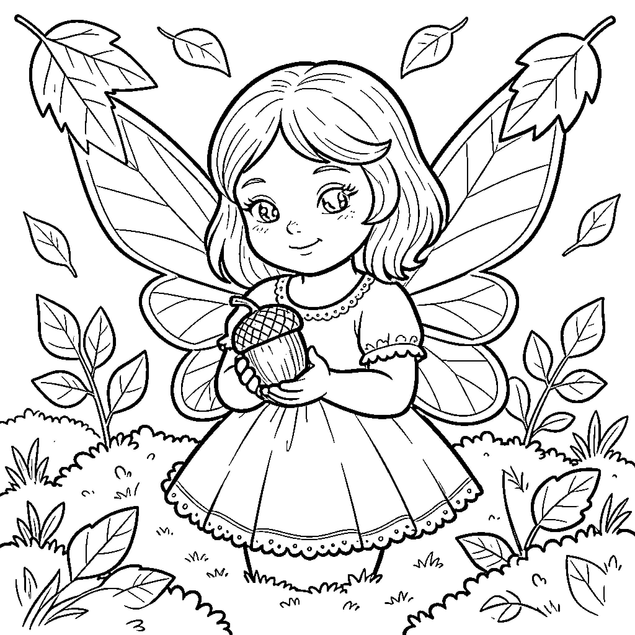 Acorn Fairy smiling while holding a small acorn Coloring Page (free black-and-white line drawing printable PDF for all, from beginners to advanced learners, including children, teens, adults, and seniors)