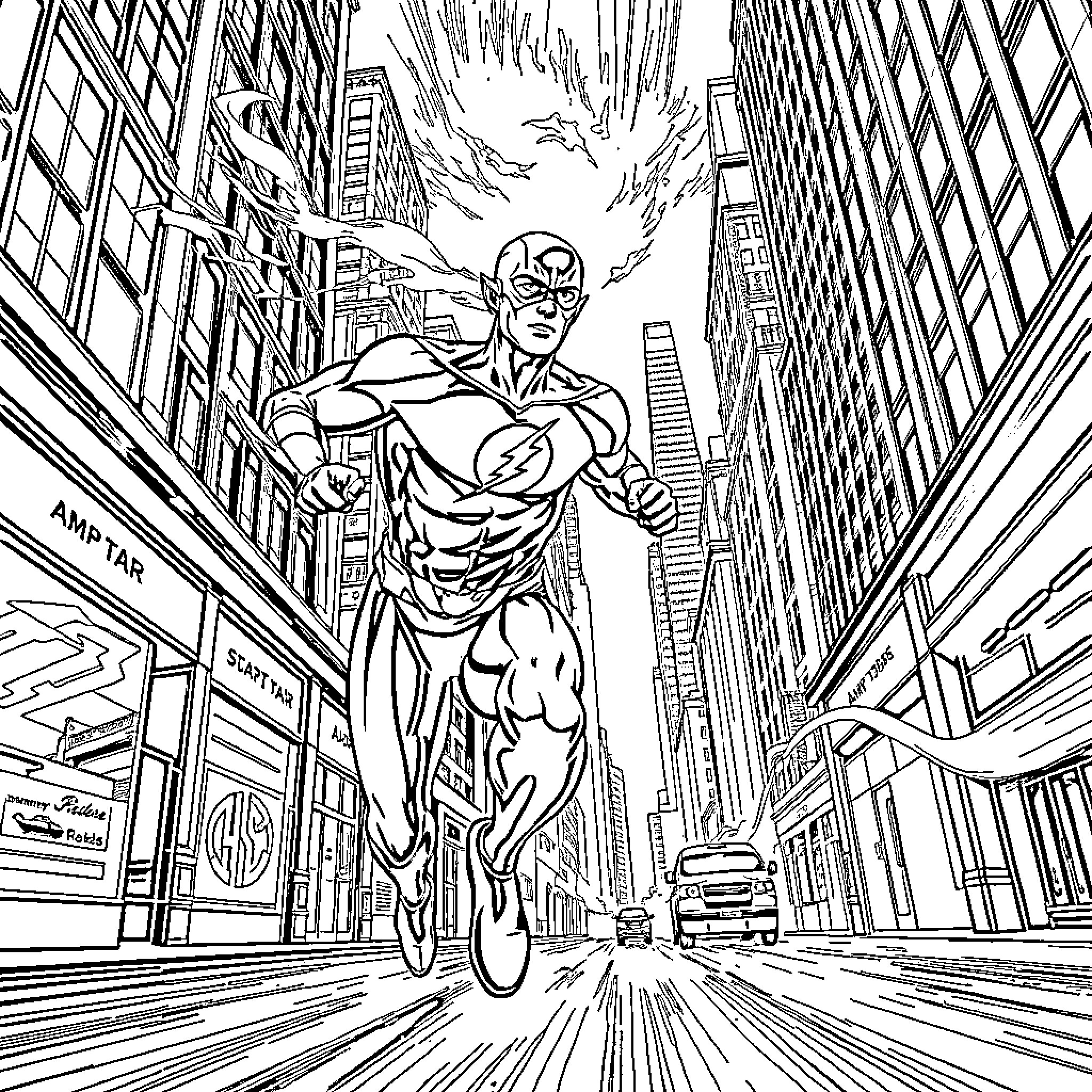 Flash races through dynamic city landscape Coloring Page (free black-and-white line drawing printable PDF for all, from beginners to advanced learners, including children, teens, adults, and seniors)