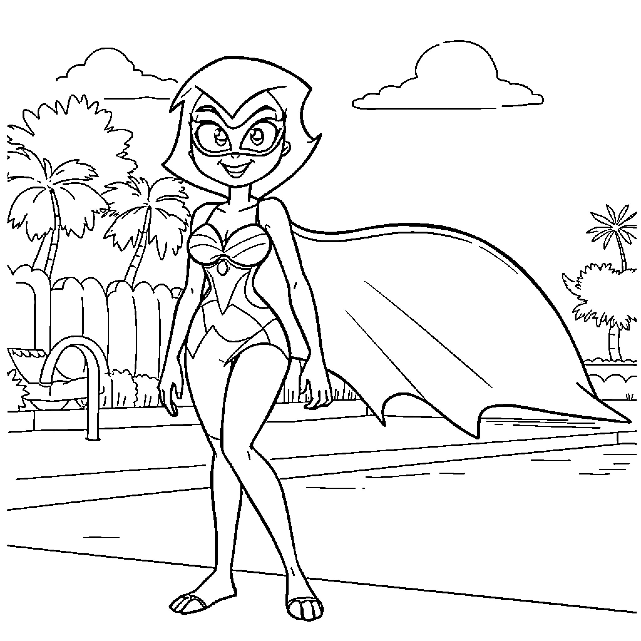 Raven superhero in tropical beach setting Coloring Page (free black-and-white line drawing printable PDF for all, from beginners to advanced learners, including children, teens, adults, and seniors)
