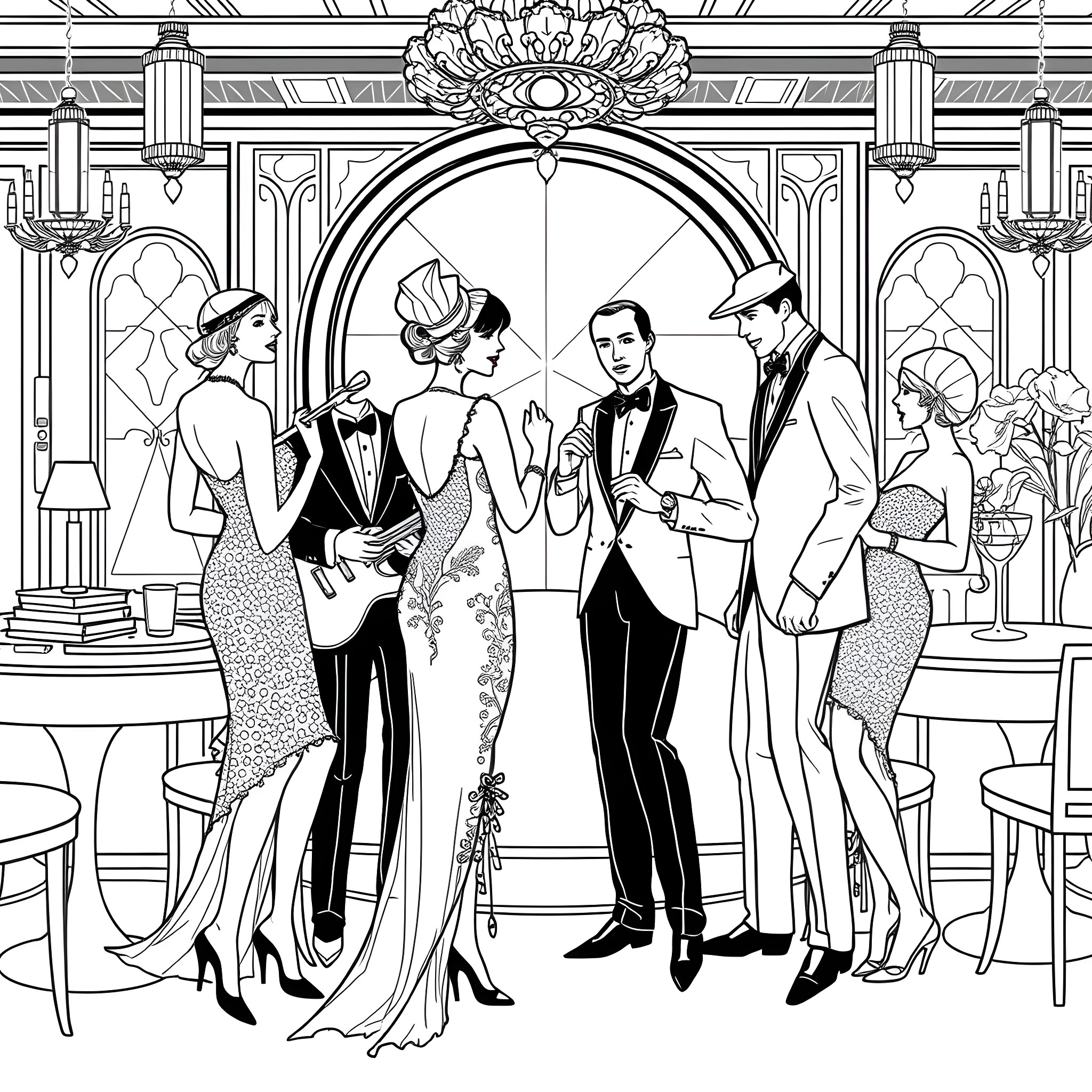 Gatsby-themed formal gathering with stylish guests Coloring Page (free black-and-white line drawing printable PDF for all, from beginners to advanced learners, including children, teens, adults, and seniors)