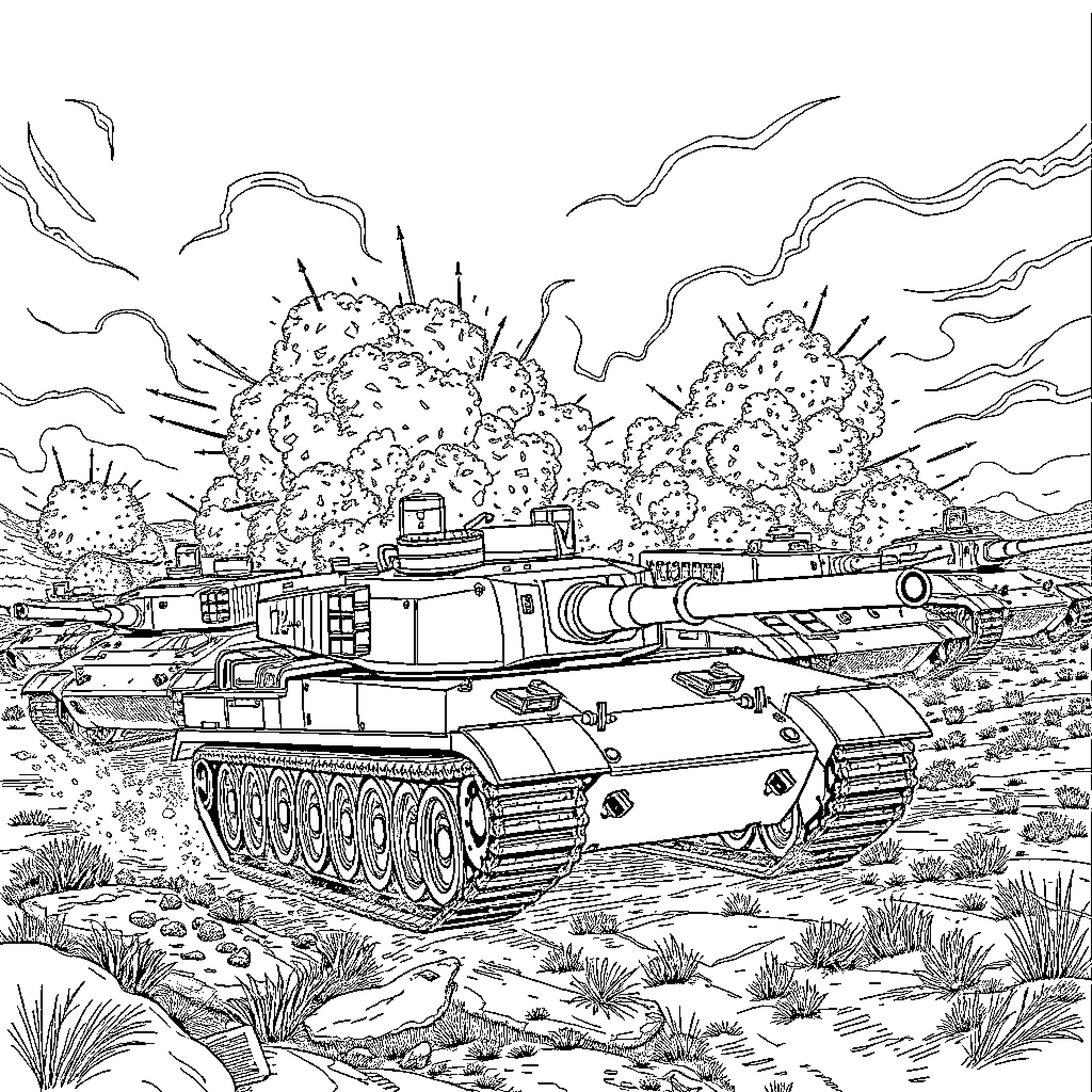 Tank rolling through the battlefield against the sunset Coloring Page (free black-and-white line drawing printable PDF for all, from beginners to advanced learners, including children, teens, adults, and seniors)