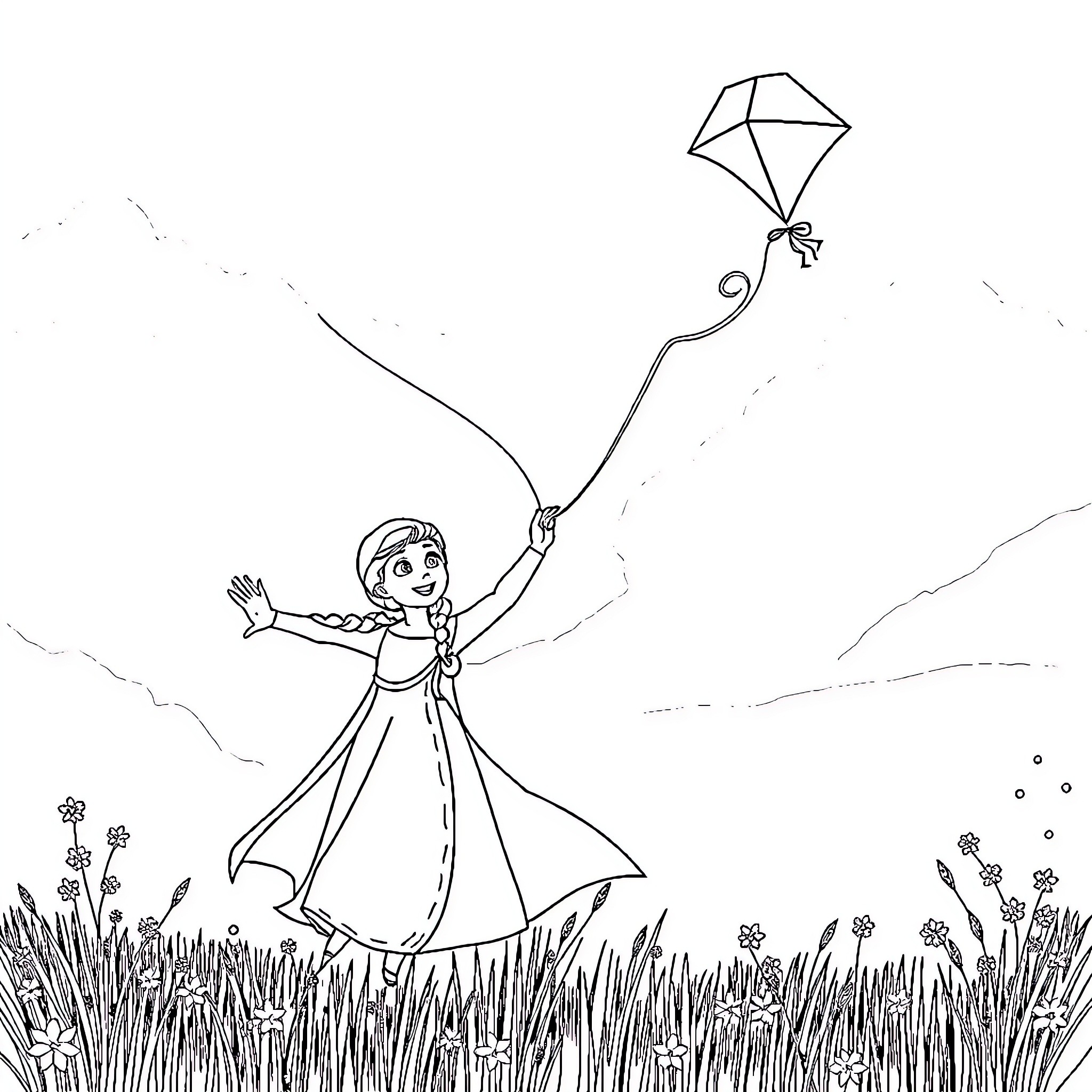 Anna flying a kite in the meadow Coloring Page (free black-and-white line drawing printable PDF for all, from beginners to advanced learners, including children, teens, adults, and seniors)