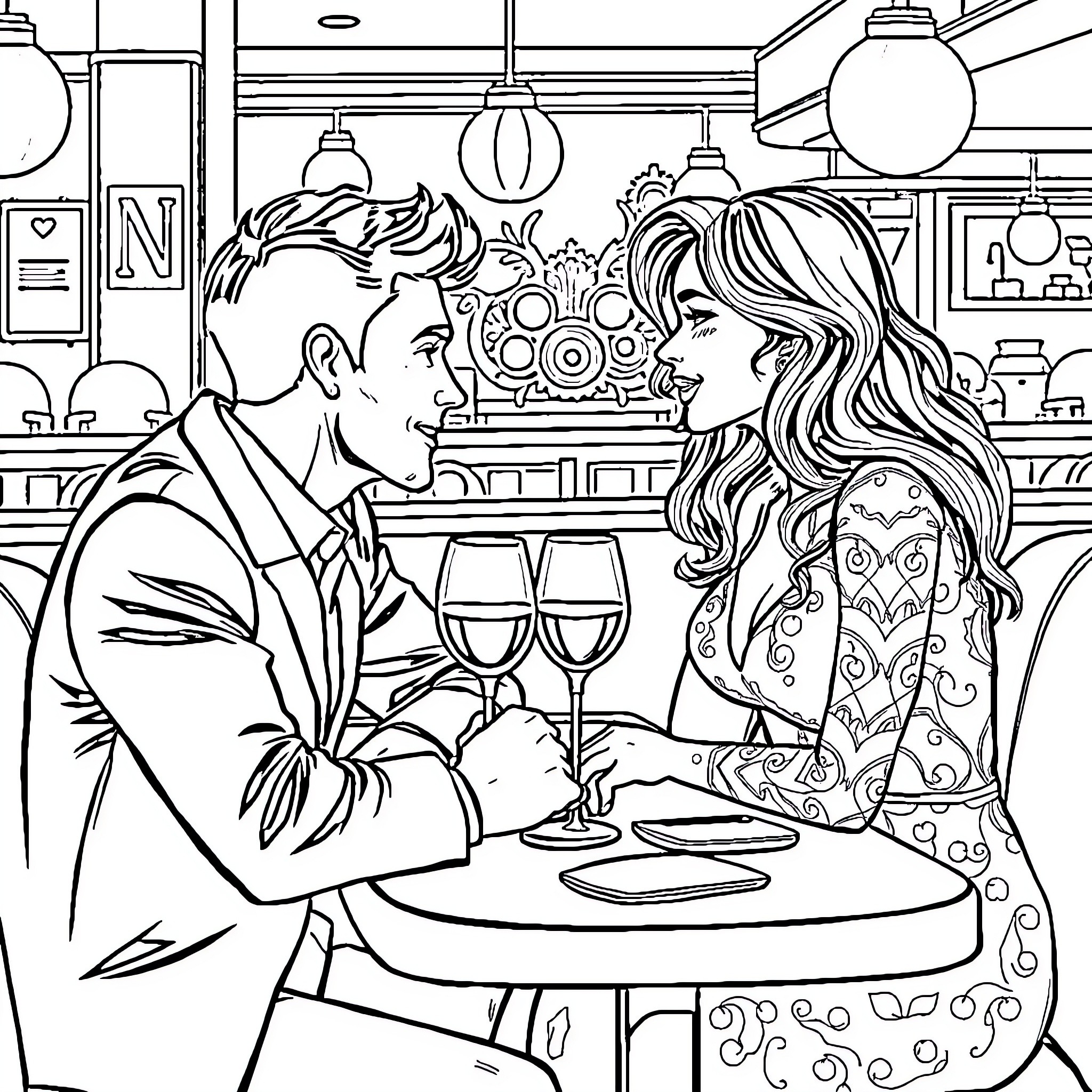 Newlyweds Enjoying Romantic Dinner in Cozy Cafe Coloring Page (free black-and-white line drawing printable PDF for all, from beginners to advanced learners, including children, teens, adults, and seniors)