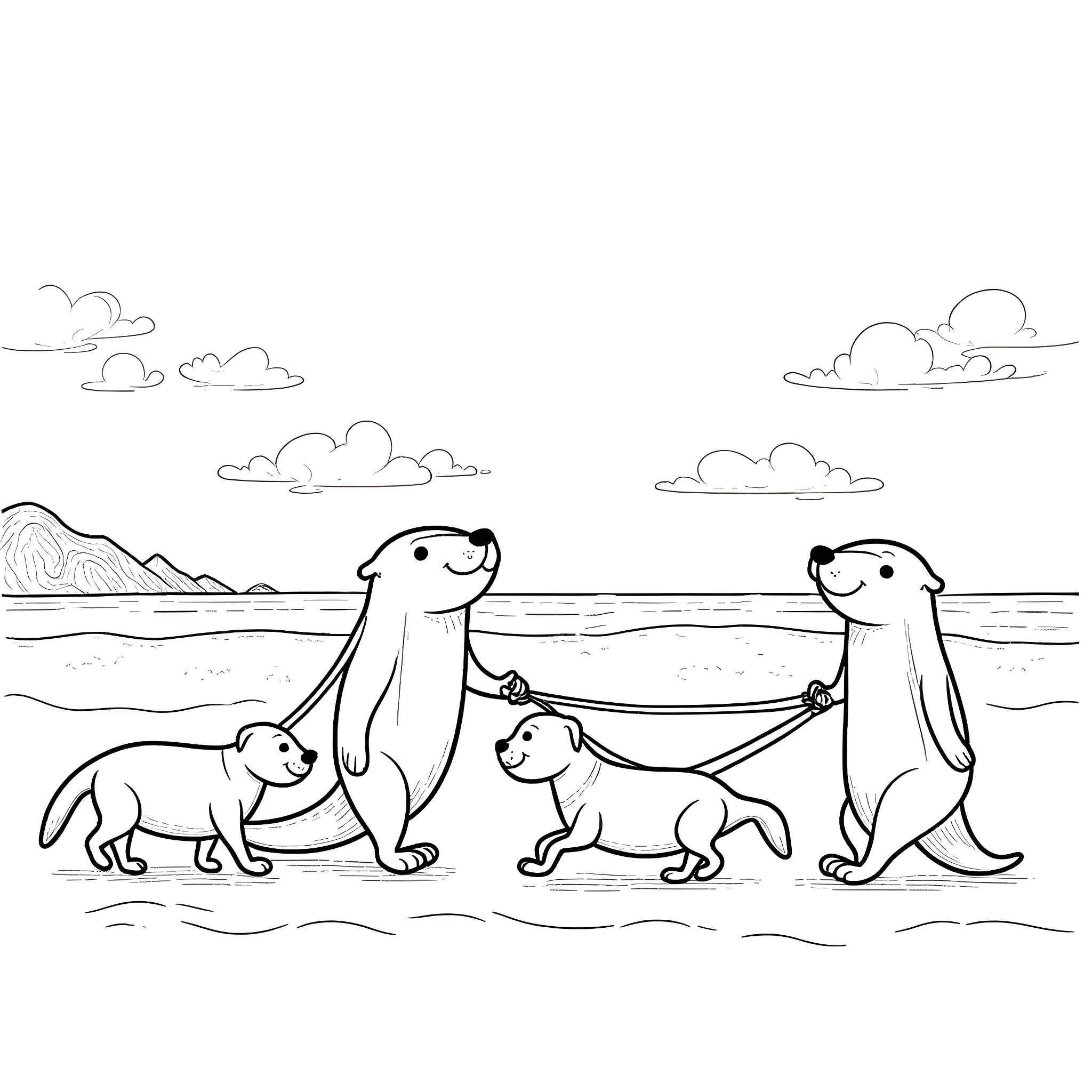 Sea Otters Frolicking by the Shoreline Coloring Page (free black-and-white line drawing printable PDF for all, from beginners to advanced learners, including children, teens, adults, and seniors)