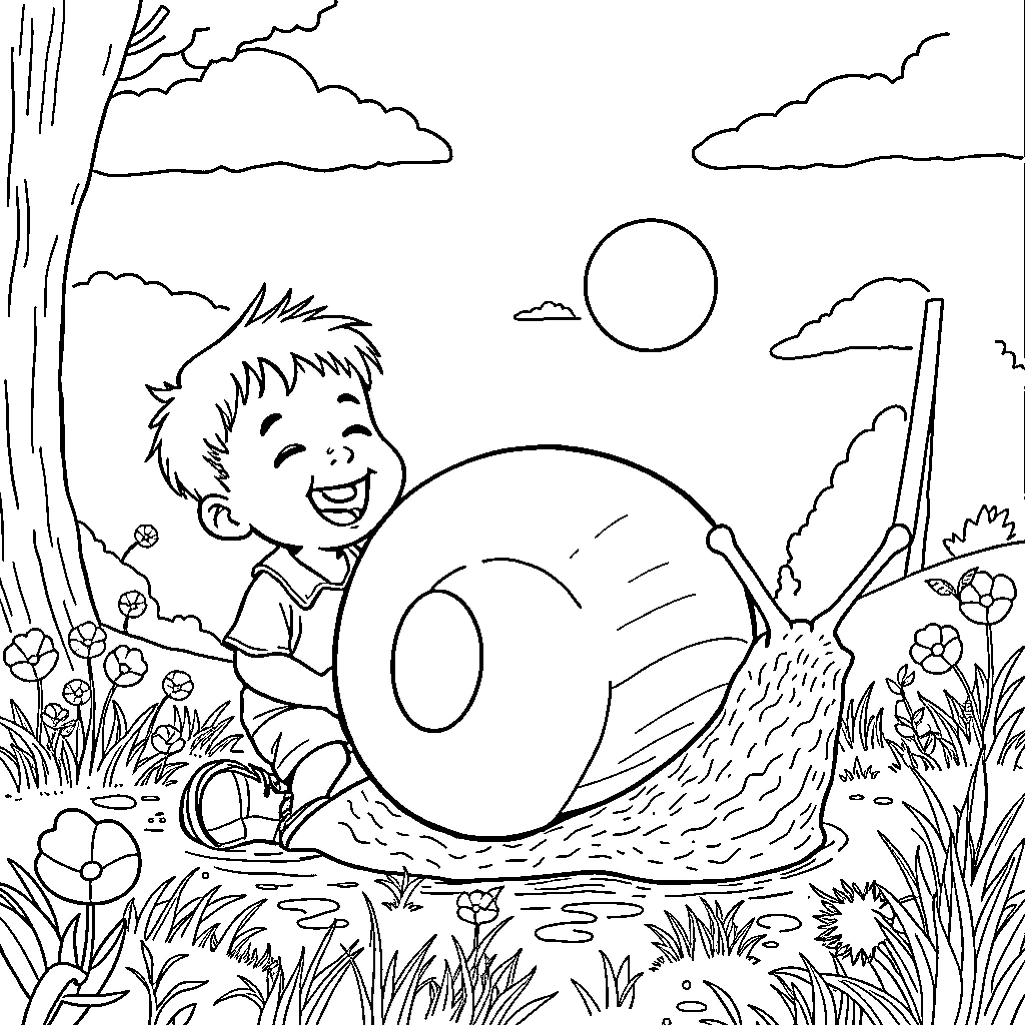 Boy playing happily in nature Coloring Page (free black-and-white line drawing printable PDF for all, from beginners to advanced learners, including children, teens, adults, and seniors)