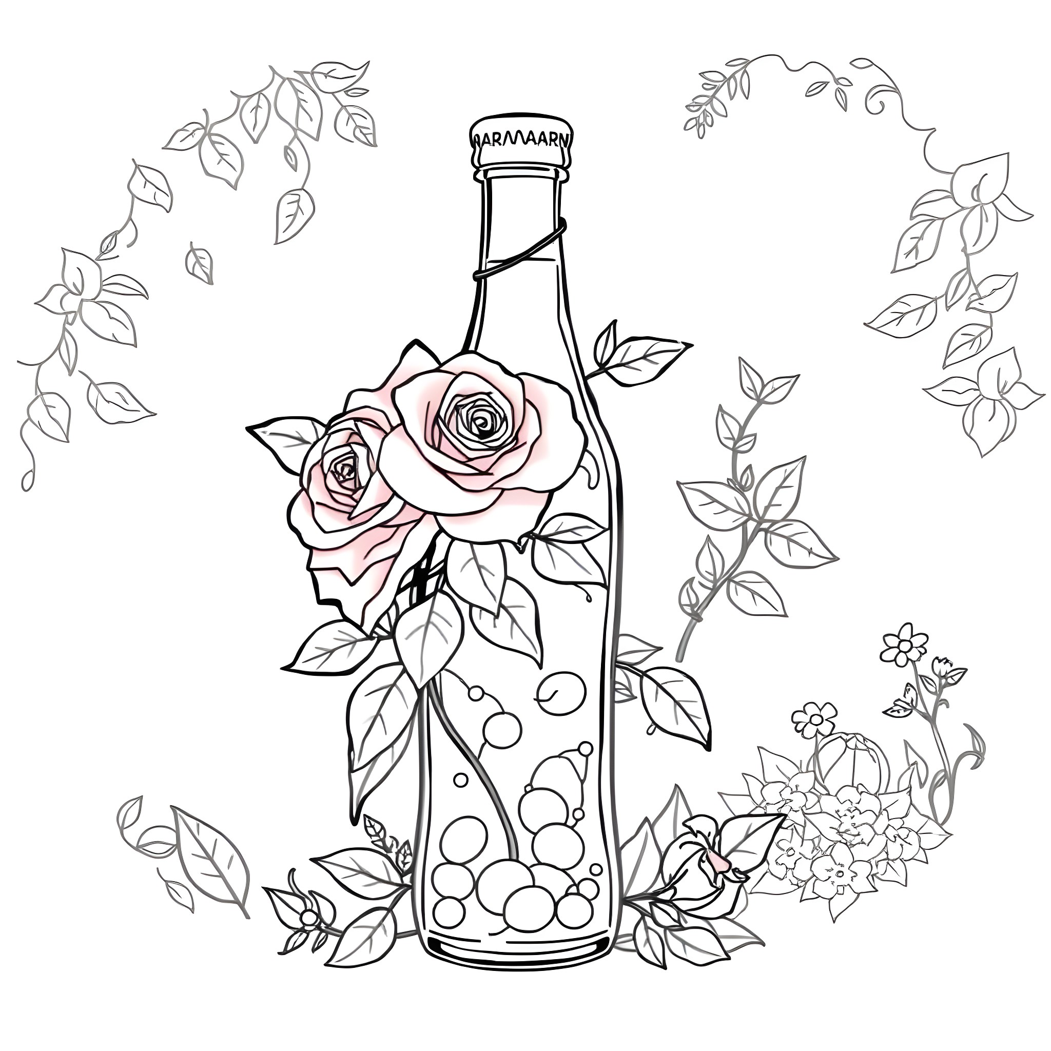 Mtn Dew Bottle with Floral Decoration Coloring Page (free black-and-white line drawing printable PDF for all, from beginners to advanced learners, including children, teens, adults, and seniors)