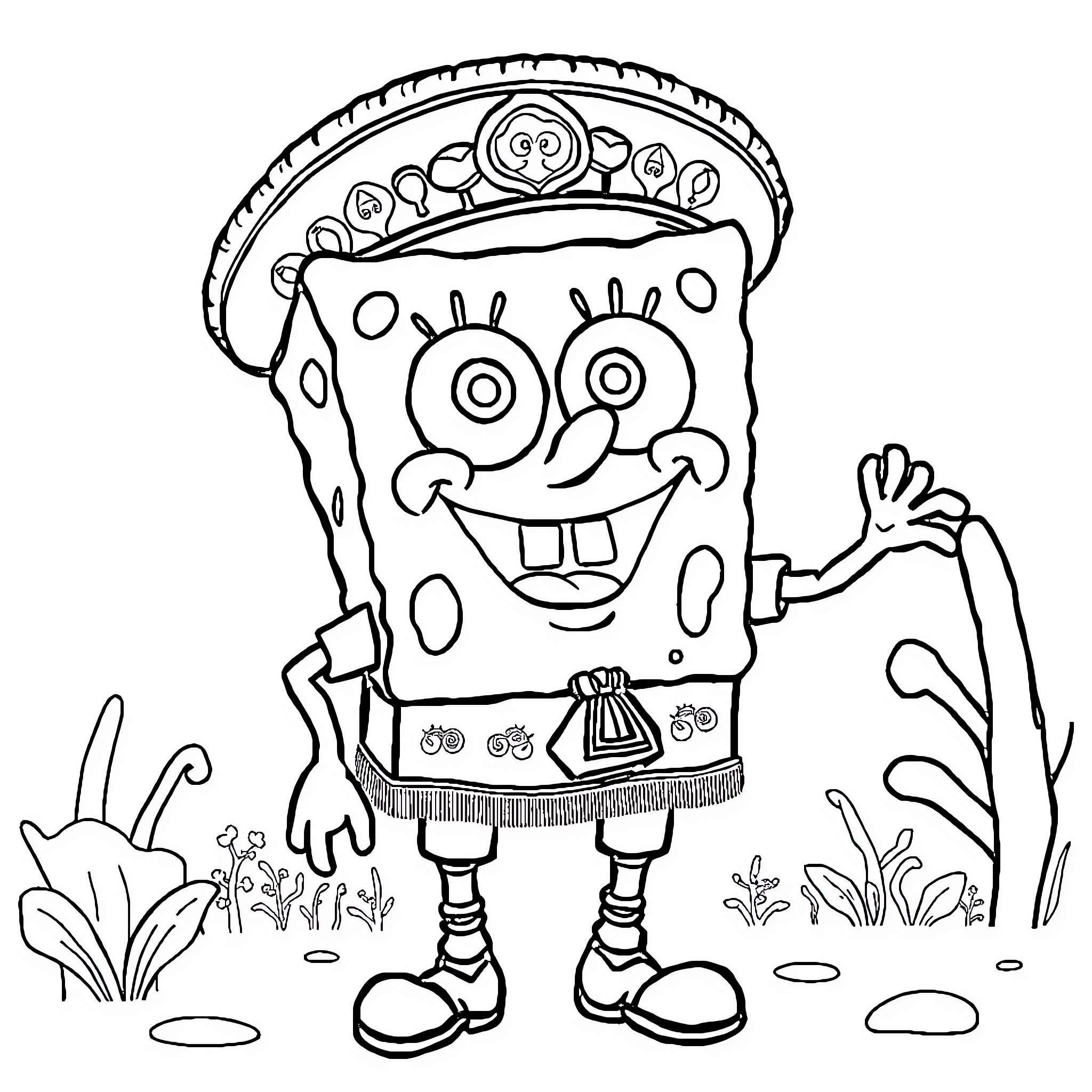 Spongebob's Friendly Outdoor Adventure Coloring Page (free black-and-white line drawing printable PDF for all, from beginners to advanced learners, including children, teens, adults, and seniors)