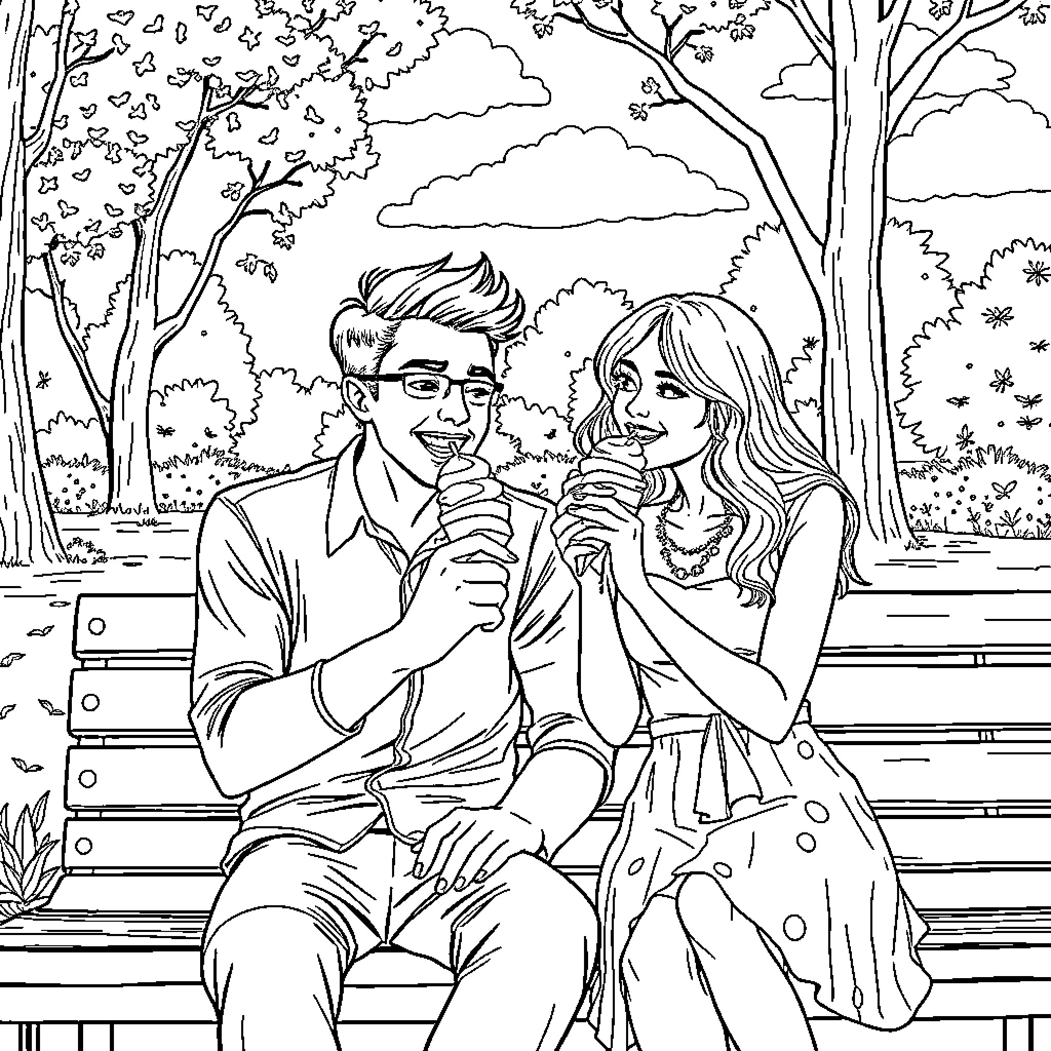 Girlfriend Enjoying a Picnic with Boyfriend in Nature Coloring Page (free black-and-white line drawing printable PDF for all, from beginners to advanced learners, including children, teens, adults, and seniors)