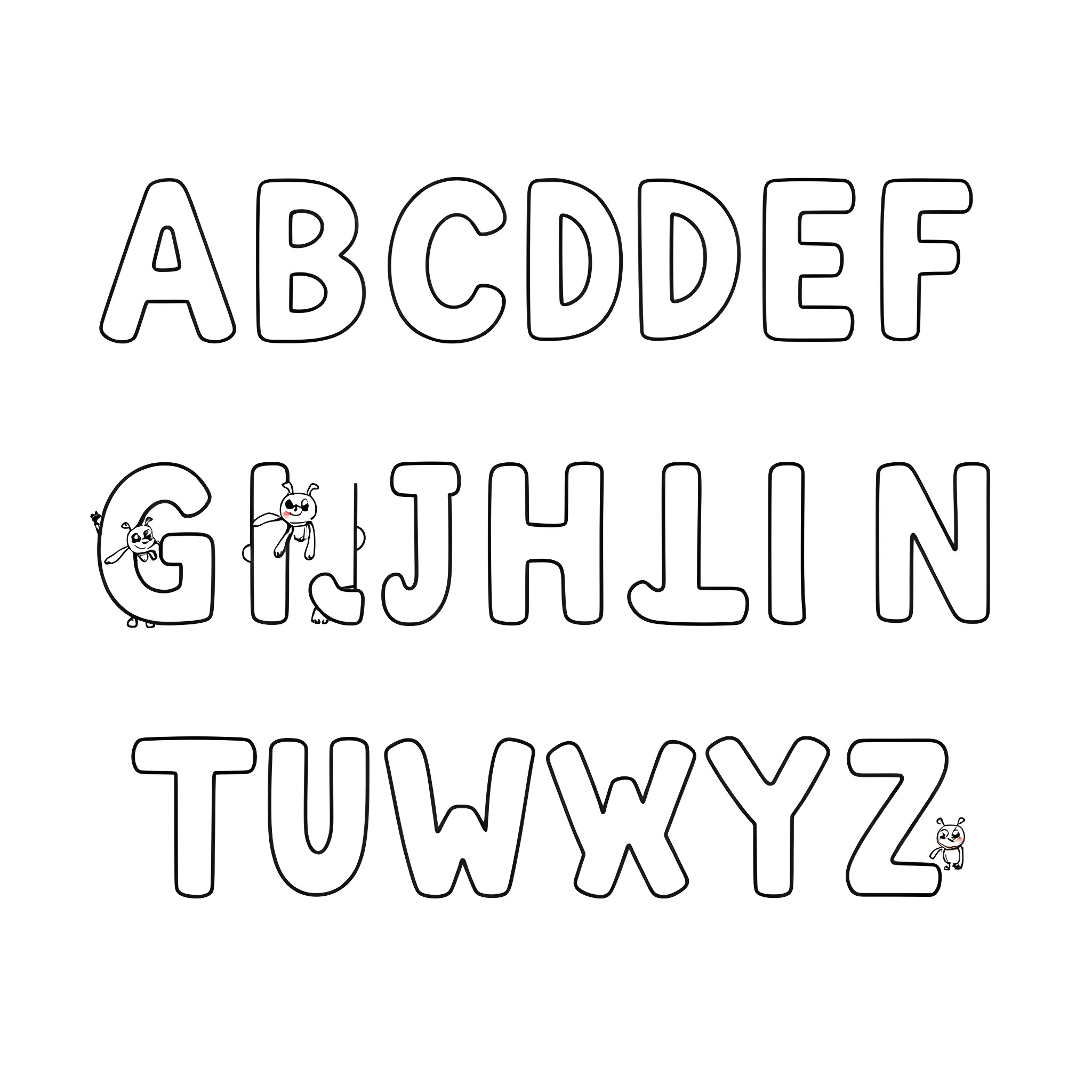 Alphabet with whimsical characters Coloring Page (free black-and-white line drawing printable PDF for all, from beginners to advanced learners, including children, teens, adults, and seniors)