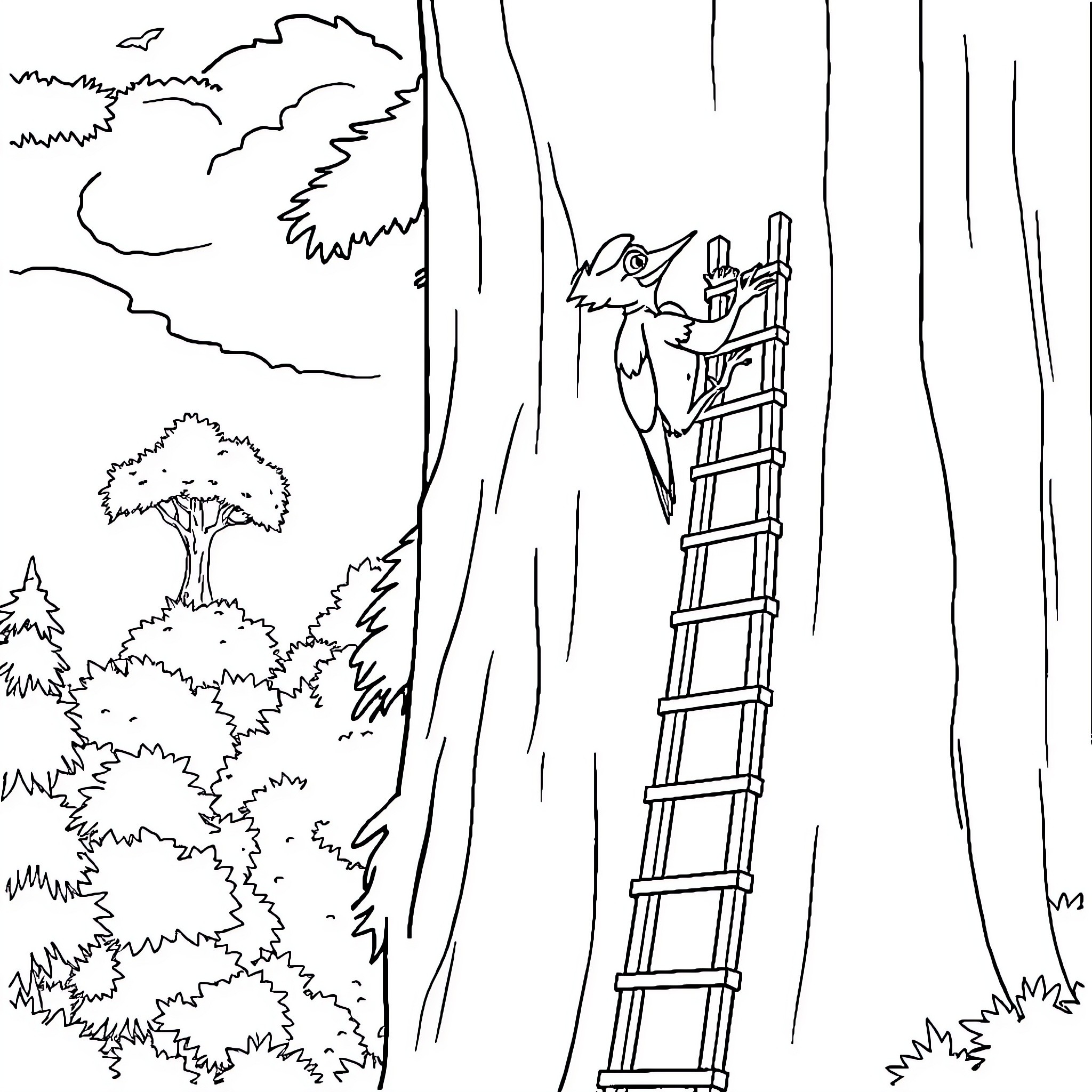 Woody the Woodpecker scaling a ladder to a tree hollow Coloring Page (free black-and-white line drawing printable PDF for all, from beginners to advanced learners, including children, teens, adults, and seniors)