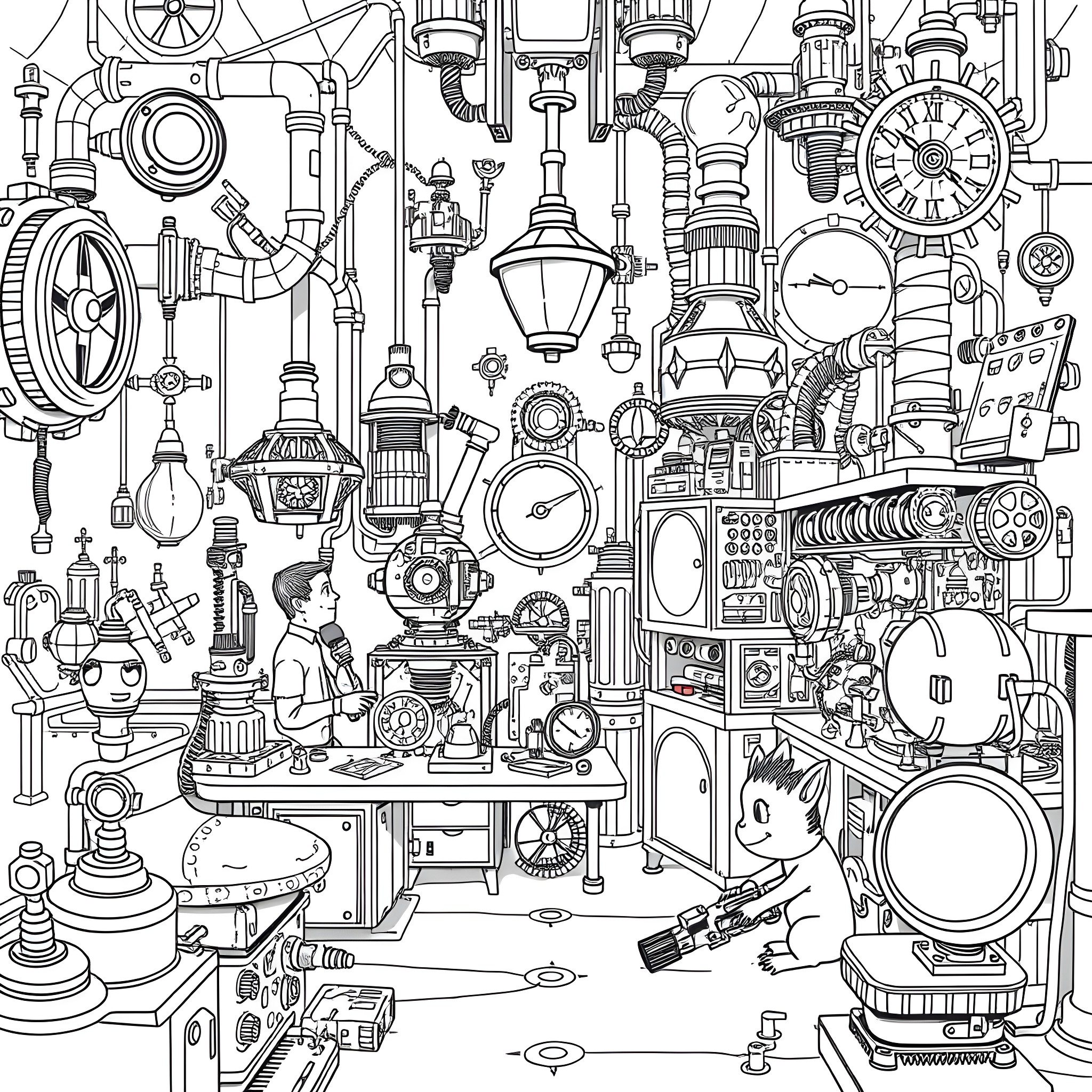 Steampunk Lab Full of Mechanical Wonders Coloring Page (free black-and-white line drawing printable PDF for all, from beginners to advanced learners, including children, teens, adults, and seniors)