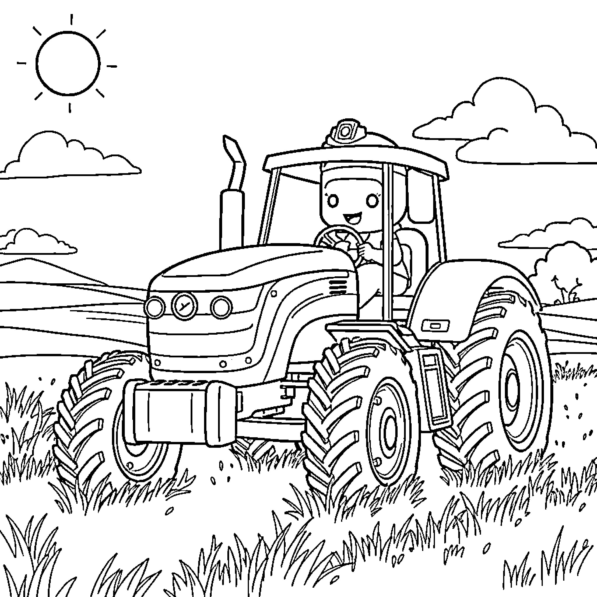 Octonauts' Tractor on the Farm Coloring Page (free black-and-white line drawing printable PDF for all, from beginners to advanced learners, including children, teens, adults, and seniors)