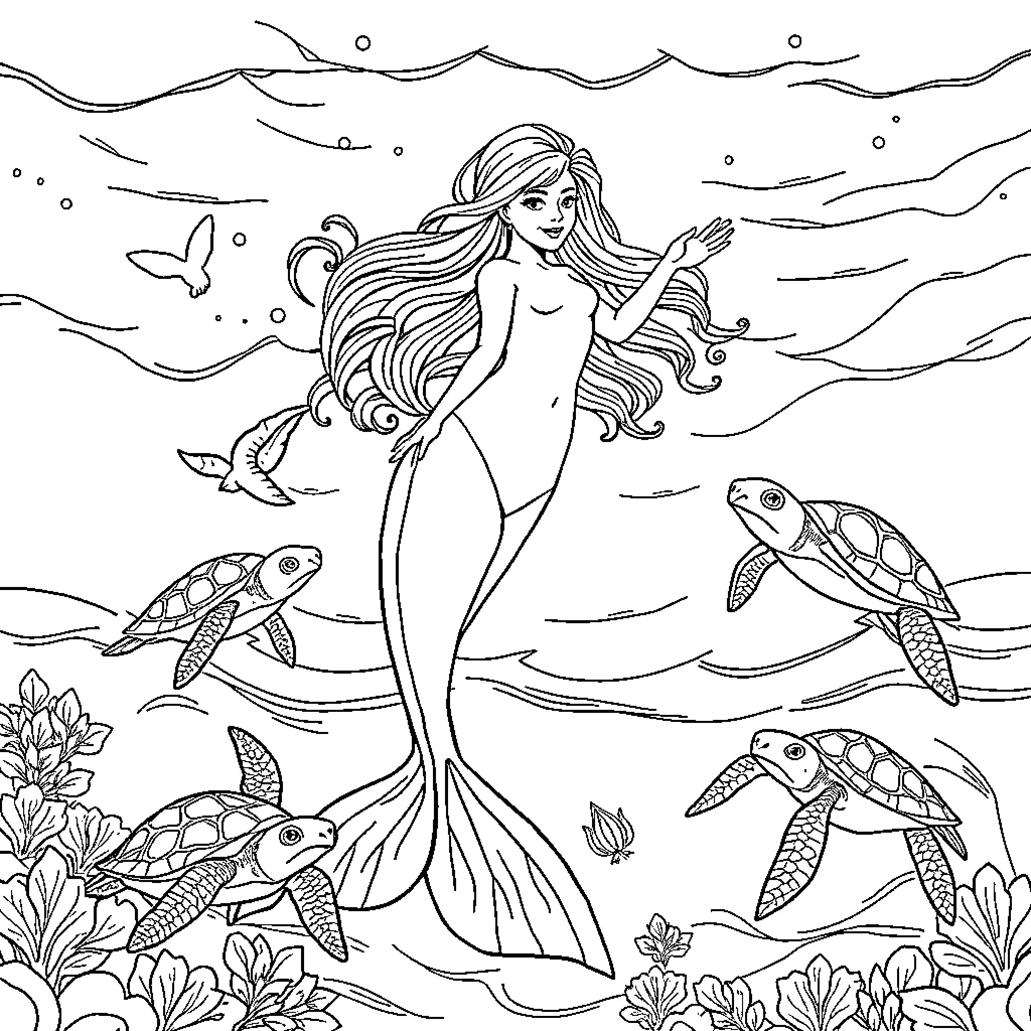 Sirena's Underwater Enchantment Coloring Page (free black-and-white line drawing printable PDF for all, from beginners to advanced learners, including children, teens, adults, and seniors)