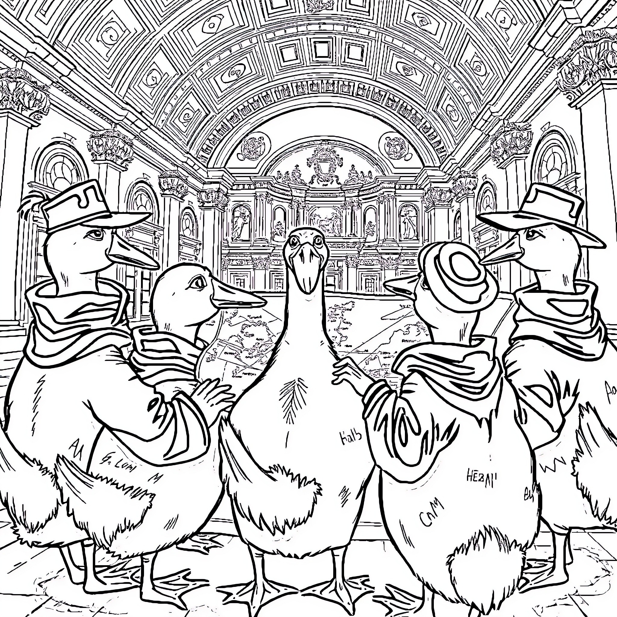 Goose gang exploring a grand palace Coloring Page (free black-and-white line drawing printable PDF for all, from beginners to advanced learners, including children, teens, adults, and seniors)