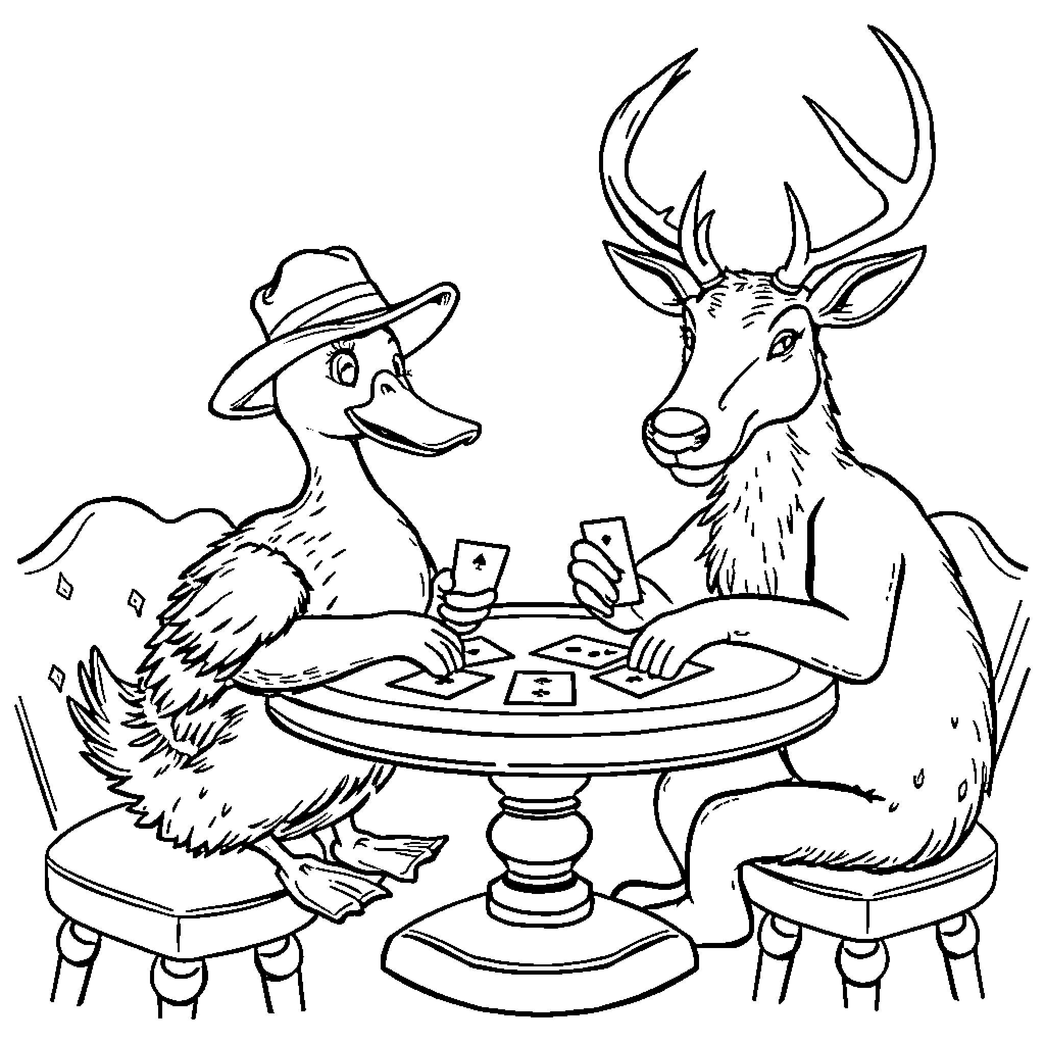 Duck and Deer Playing Cards in the Woods Coloring Page (free black-and-white line drawing printable PDF for all, from beginners to advanced learners, including children, teens, adults, and seniors)