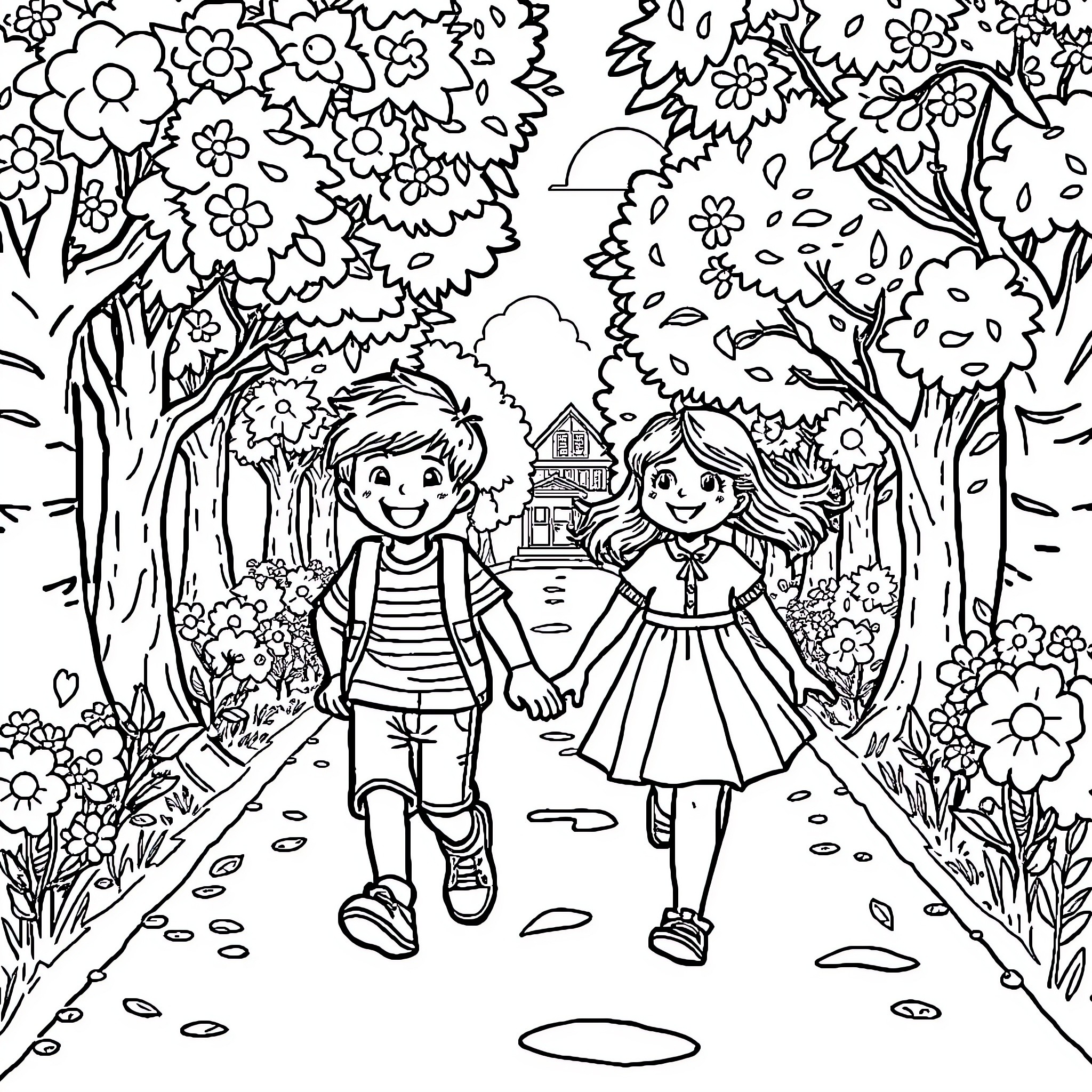 Child friends exploring nature's beauty Coloring Page (free black-and-white line drawing printable PDF for all, from beginners to advanced learners, including children, teens, adults, and seniors)