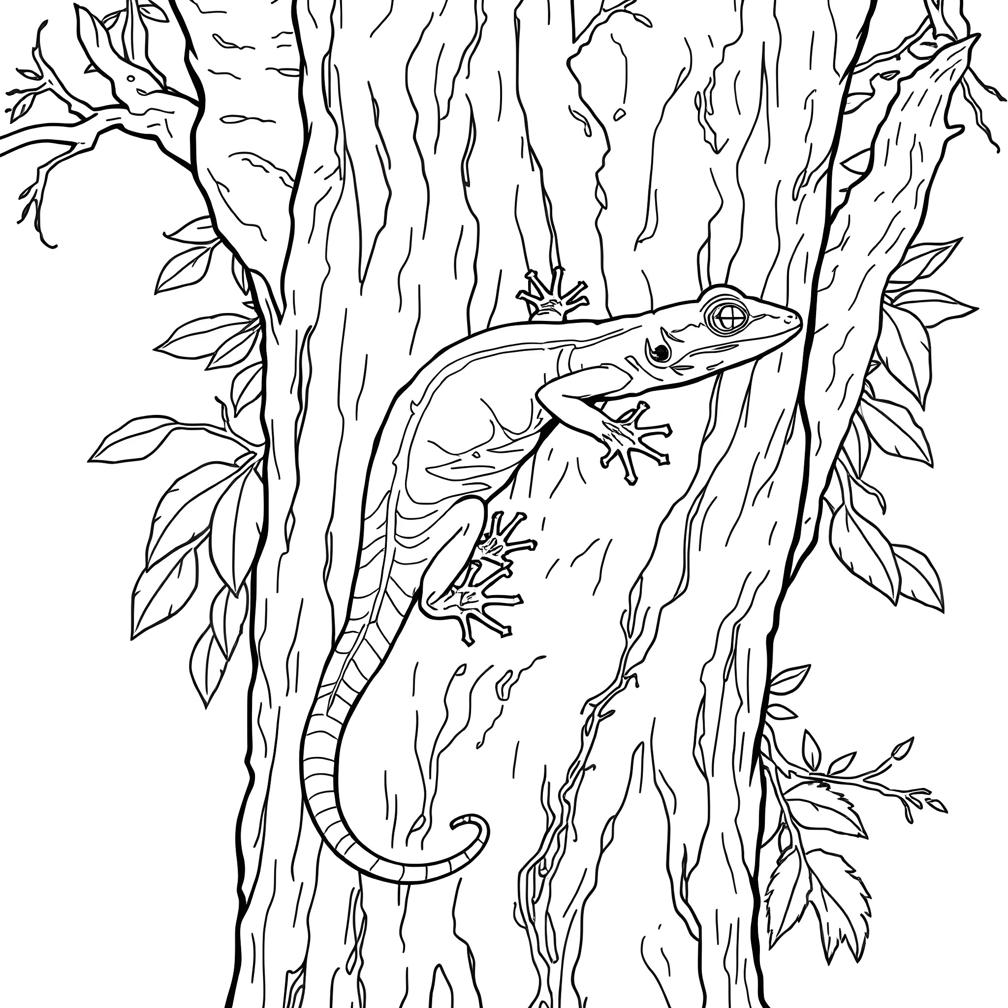 Tree Skink climbing on tree trunk Coloring Page (free black-and-white line drawing printable PDF for all, from beginners to advanced learners, including children, teens, adults, and seniors)