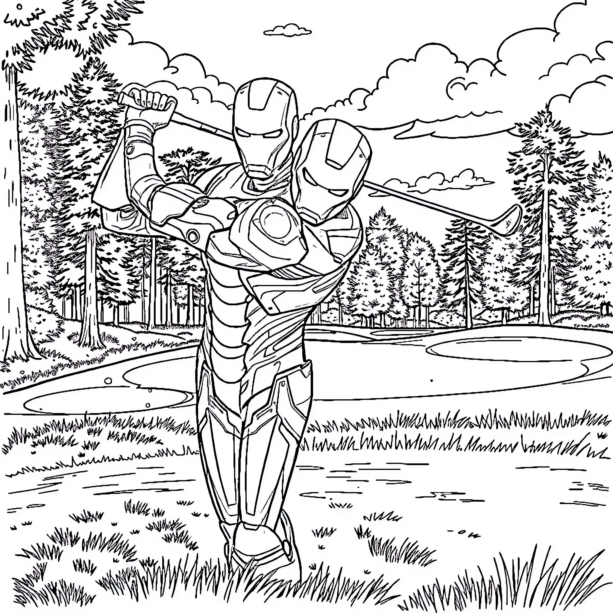 Iron Man showcasing heroic action in a nature scene Coloring Page (free black-and-white line drawing printable PDF for all, from beginners to advanced learners, including children, teens, adults, and seniors)