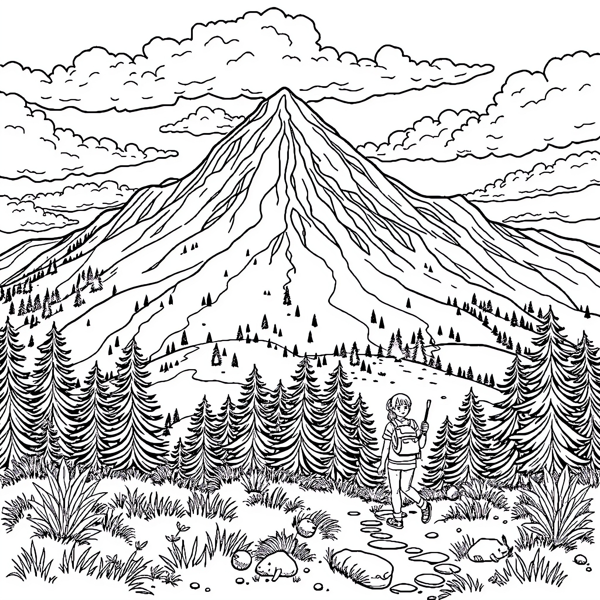 Mt. Playmore: Hiker Exploring Majestic Mountain Landscape Coloring Page (free black-and-white line drawing printable PDF for all, from beginners to advanced learners, including children, teens, adults, and seniors)