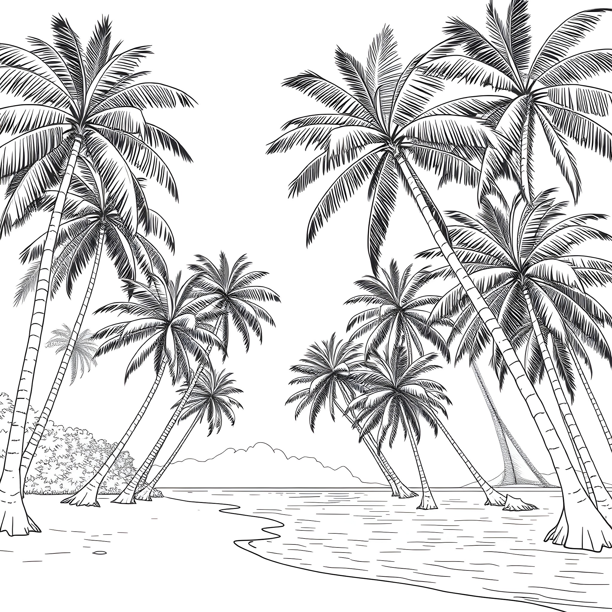 Island paradise with swaying palm trees Coloring Page (free black-and-white line drawing printable PDF for all, from beginners to advanced learners, including children, teens, adults, and seniors)