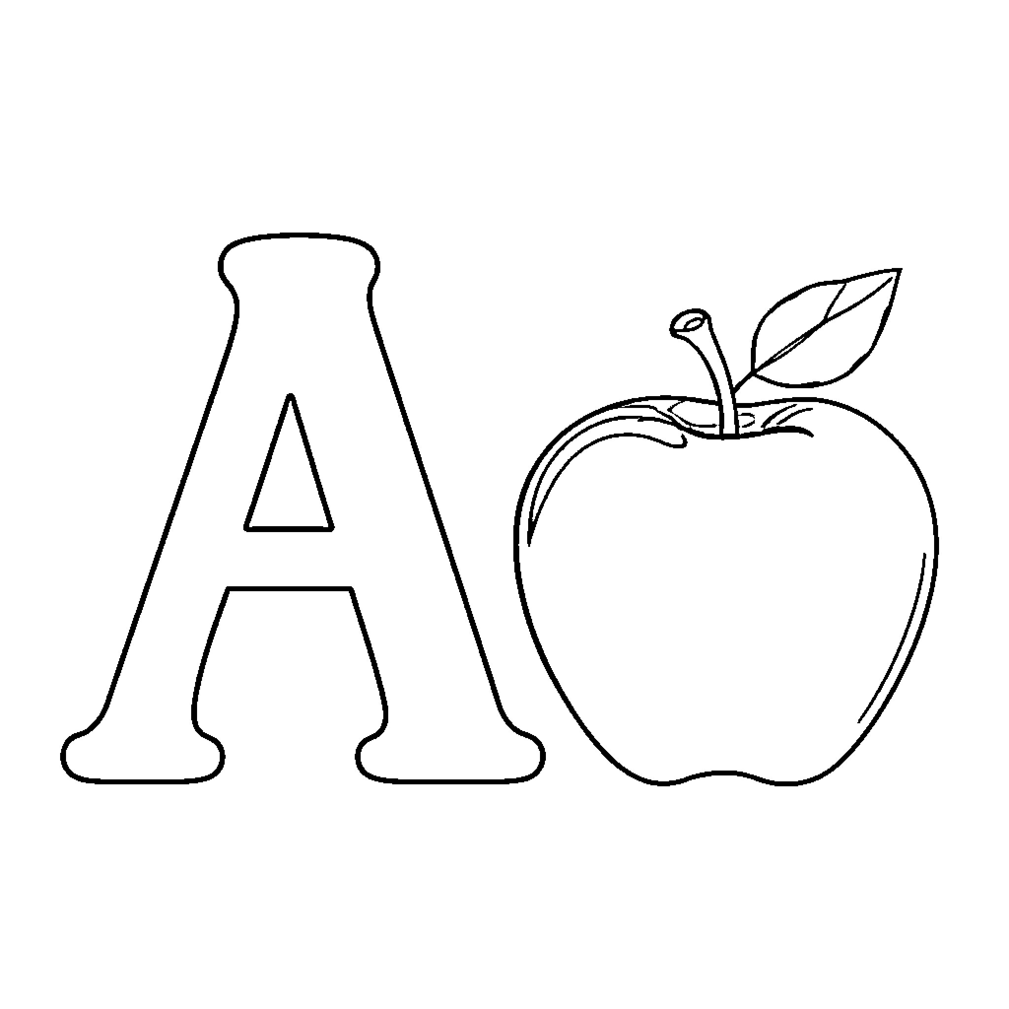 Alphabet Letter A with Apple Illustration Coloring Page (free black-and-white line drawing printable PDF for all, from beginners to advanced learners, including children, teens, adults, and seniors)