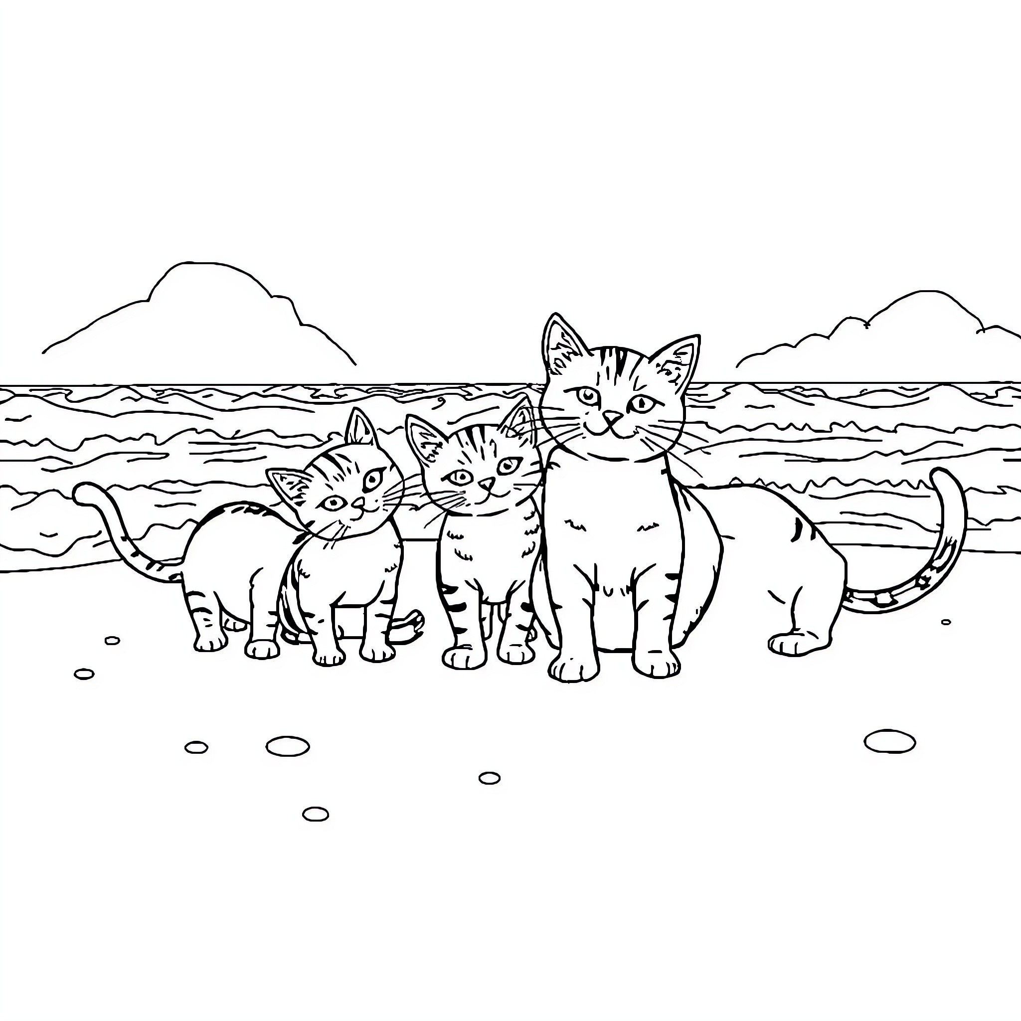 Cats on the Beach Coloring Page (free black-and-white line drawing printable PDF for all, from beginners to advanced learners, including children, teens, adults, and seniors)